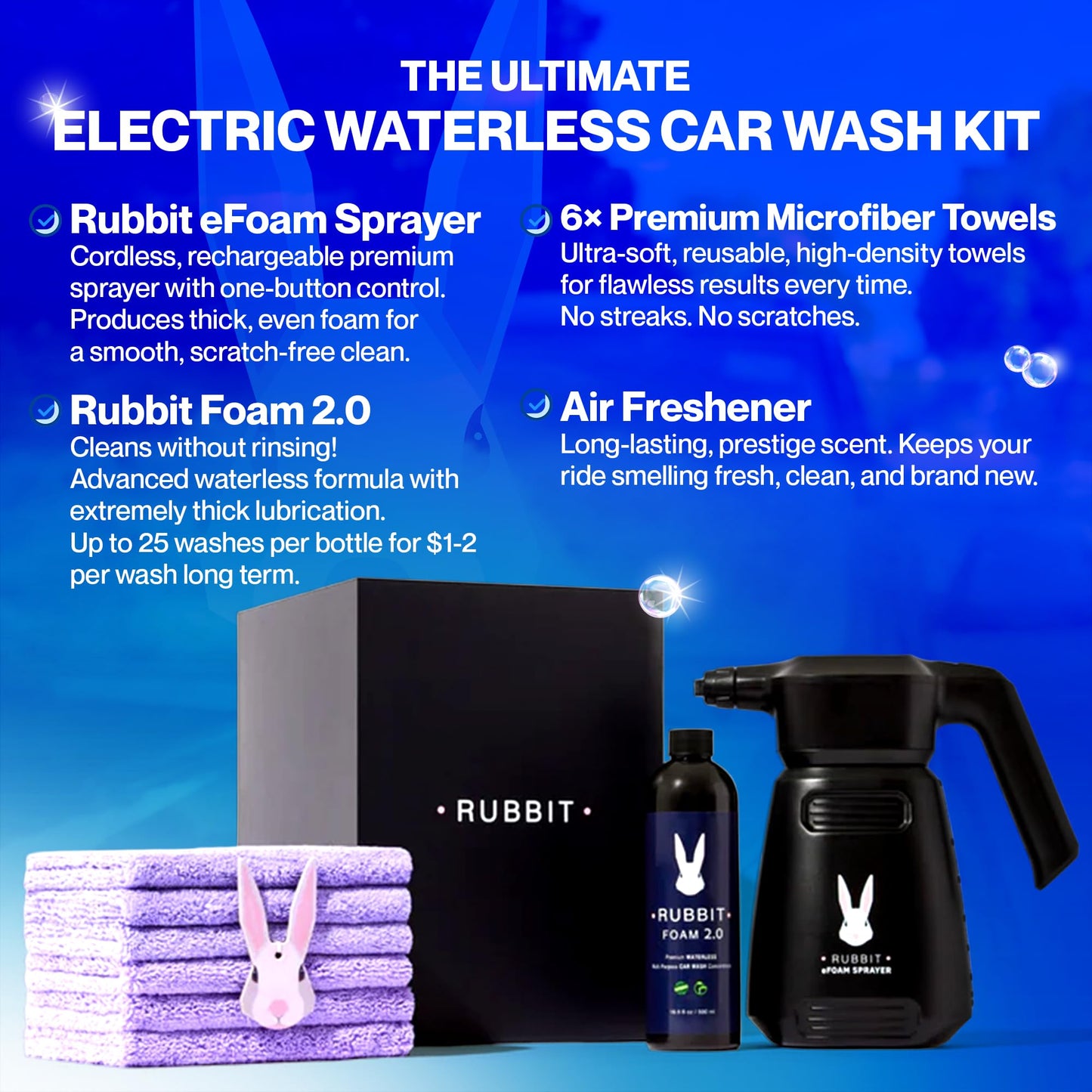 Rubbit Electric Plus Kit, Waterless Car Wash Kit, Rechargeable Electric Sprayer, Foam 2.0 Solution, 6 Reusable Microfiber Towels, & Air Freshener, Car Cleaning Supplies, 9 Piece Auto Cleaning Kit