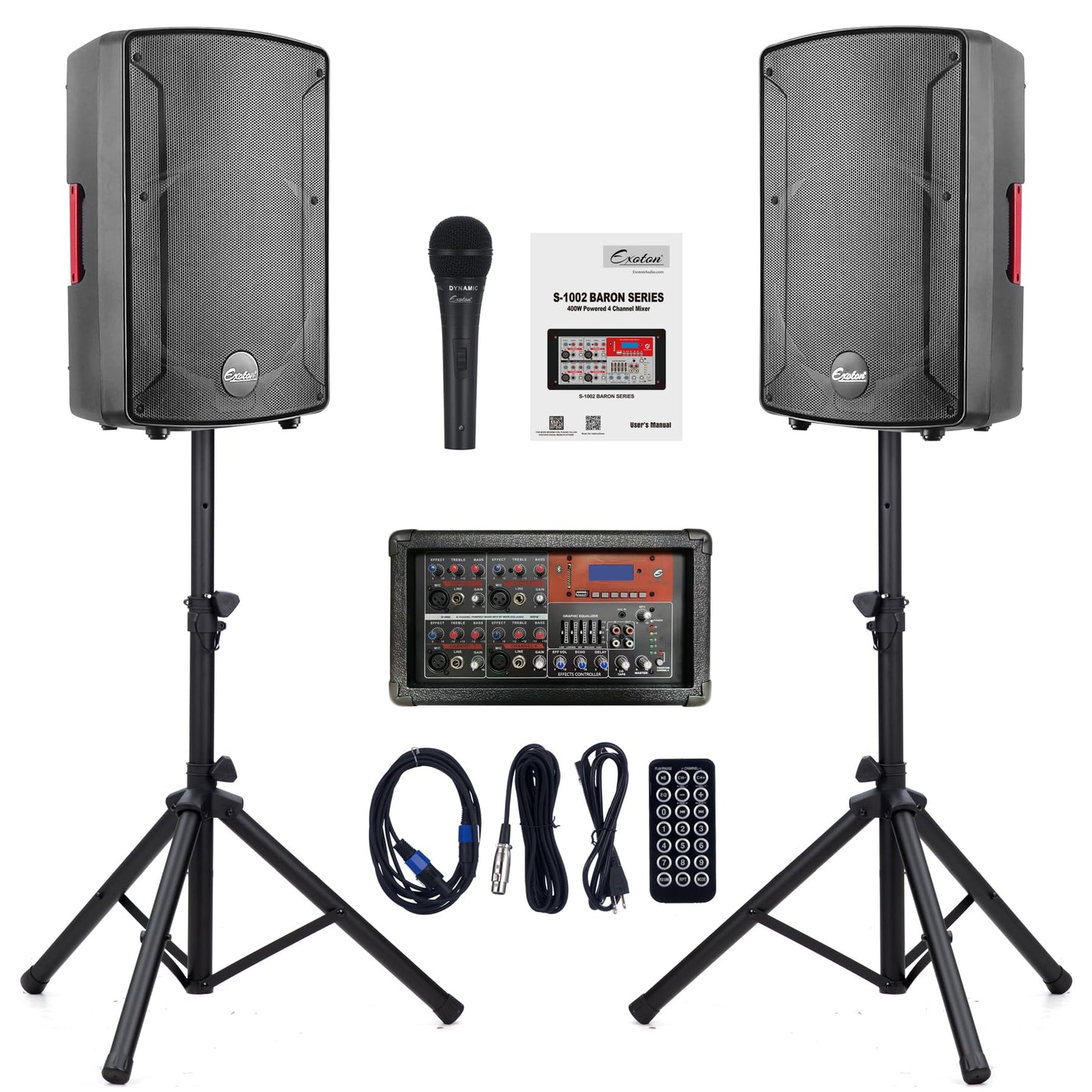 EXOTON EXOTON S-1002 10inch Bluetooth PA System with Powered Mixer Set, Passive Speakers with 4 Channel Mixer/Stands/Mic/Effect Controller/ 48V Phantom Power,for Indoor&Outdoor