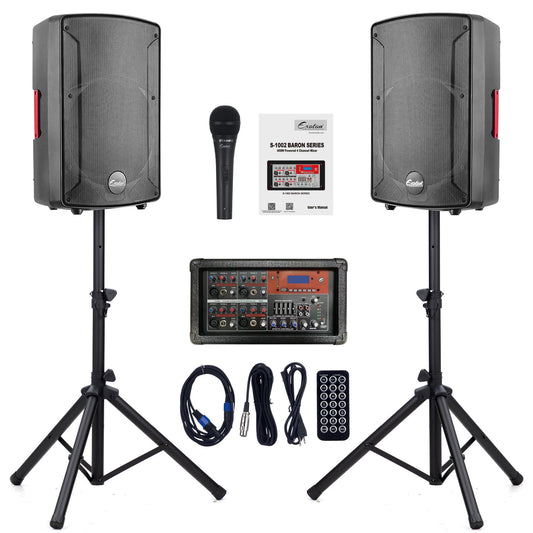 EXOTON EXOTON S-1002 10inch Bluetooth PA System with Powered Mixer Set, Passive Speakers with 4 Channel Mixer/Stands/Mic/Effect Controller/ 48V Phantom Power,for Indoor&Outdoor