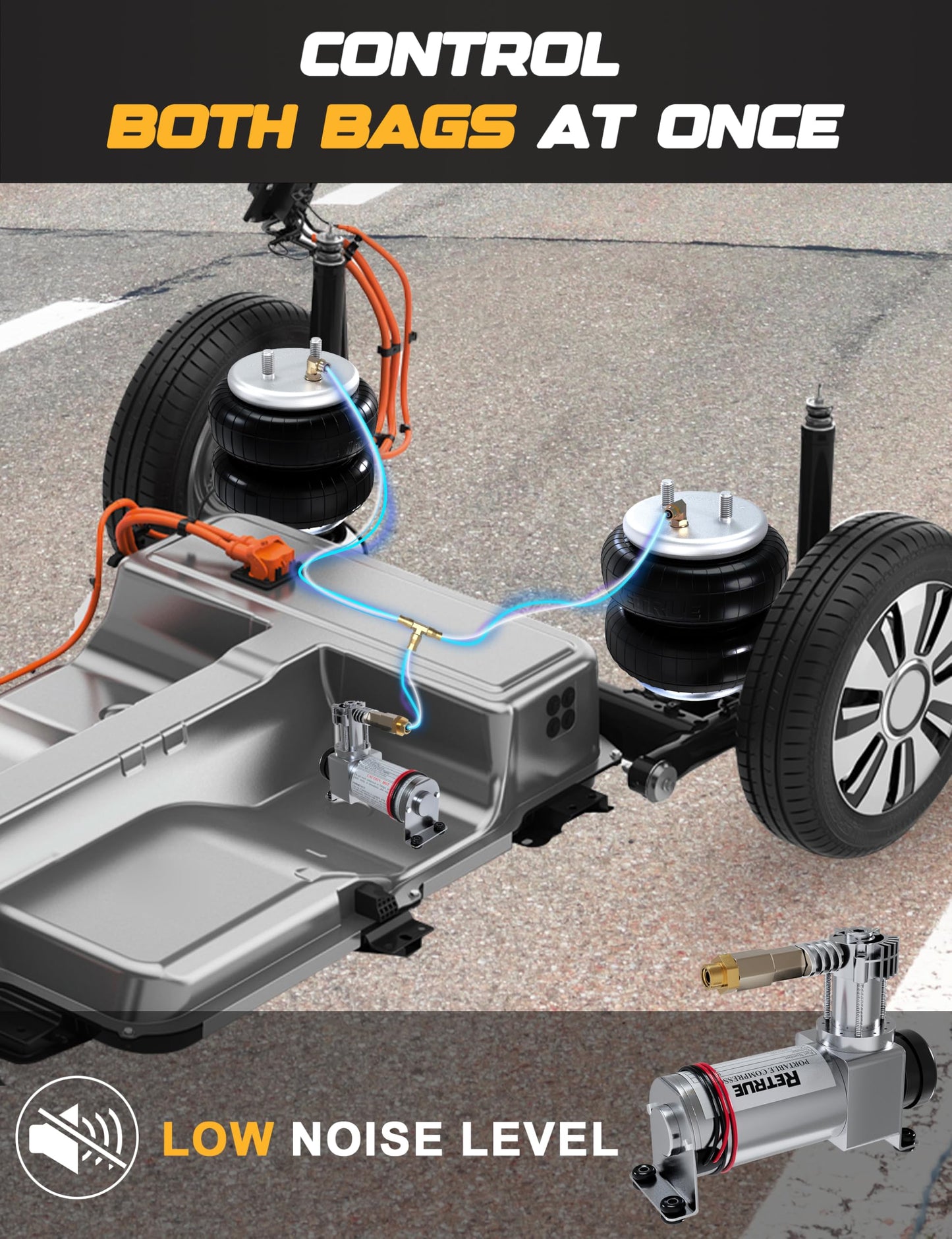 RETRUE Onboard Air Compressor System for Truck Airbag Suspension - Universal Air Bag Compressor kit for Ford F150, F250, F350, Chevrolet Silverado, GMC Sierra, Dodge Ram and More Air bags Kit