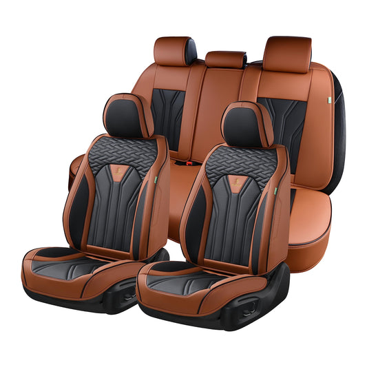 FLORICH Leather Seat Covers, Seat Covers Full Set, Car Seat Protectors 5 Seats,Automotive Seat Covers Fit for Most Cars Trucks-Brown&Black