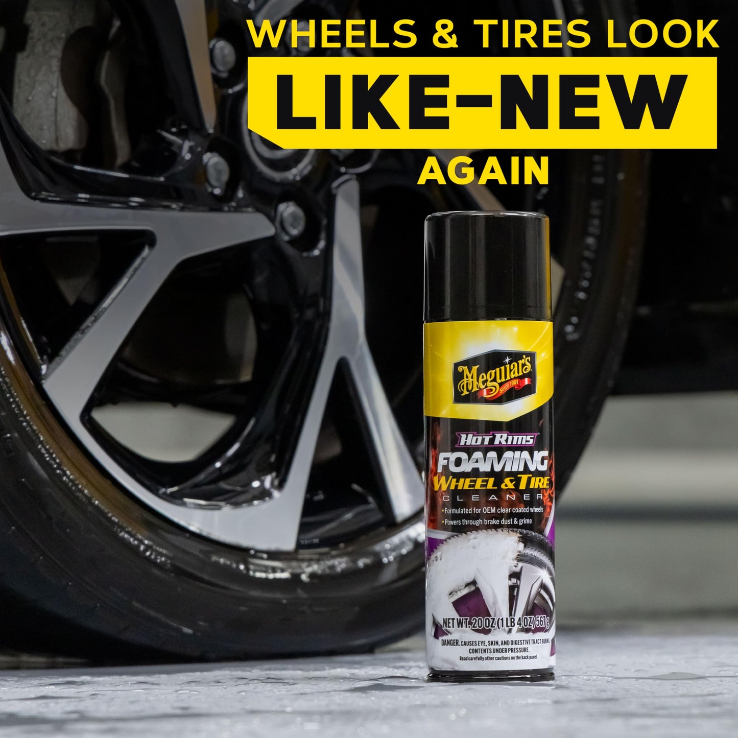 Meguiar's Hot Rims Foaming Wheel & Tire Cleaner - Combines a Wheel and Tire Cleaner in One Product that Quickly Powers through Brake Dust and Grime on OEM Clear Coated Wheels, 20 Oz Foam