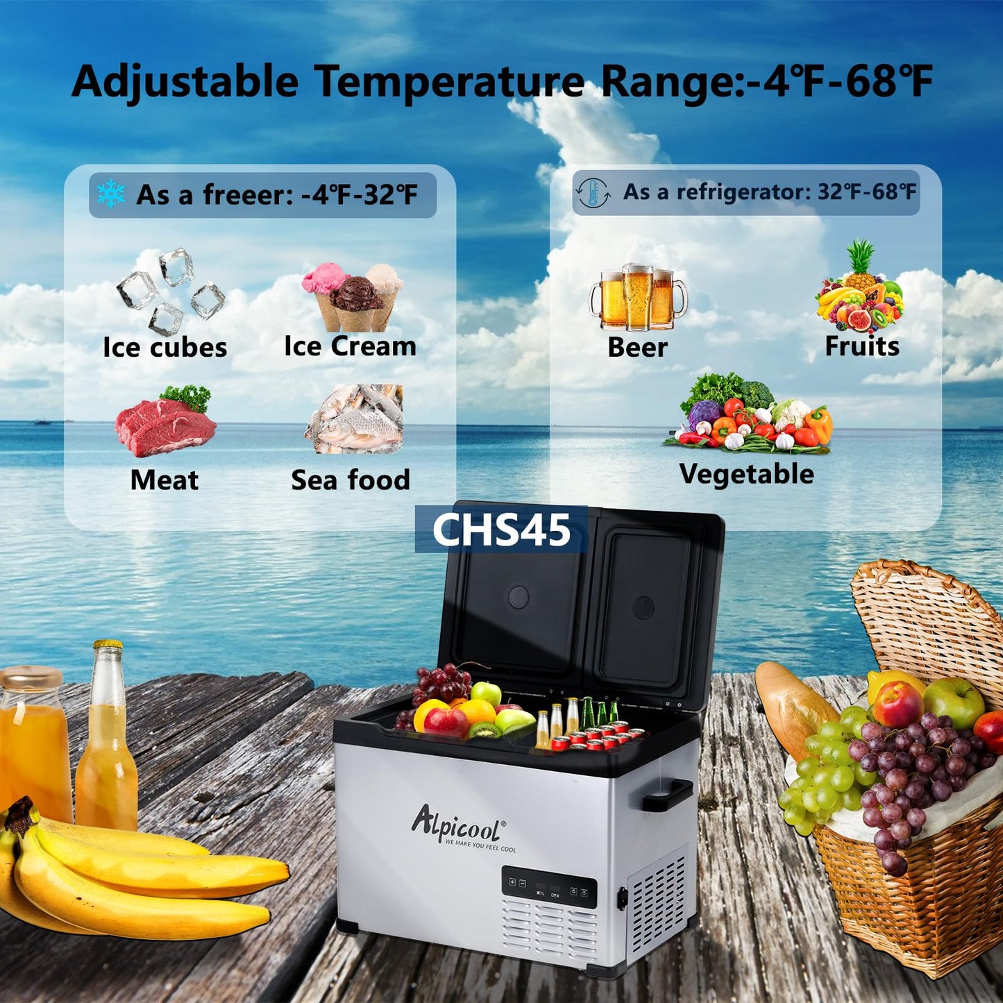 Alpicool CHS45 Dual Temperature Control 12 Volt Refrigerator 33 Quart Portable Car Fridge Freezer (-4°F~68°F) for Truck, RV, Boat, Camping and Travel