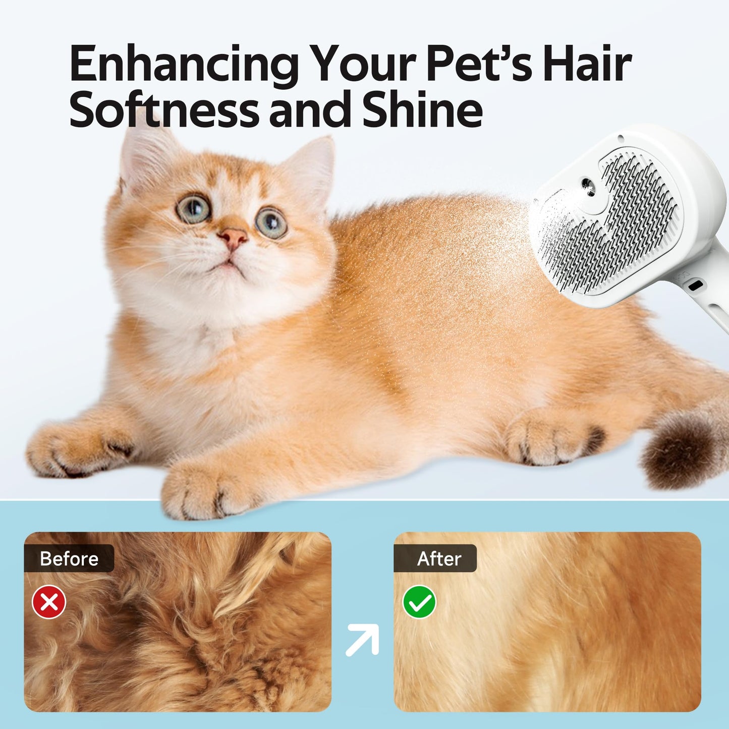 Pet Grooming Brush with Electronic Mist Spray - Gentle Deshedding Tool for Cats & Dogs, Pet Steam Brush，Reduces Shedding, Soft Bristles, Promotes Healthy Coat-Comes with a hair smoothing comb-White