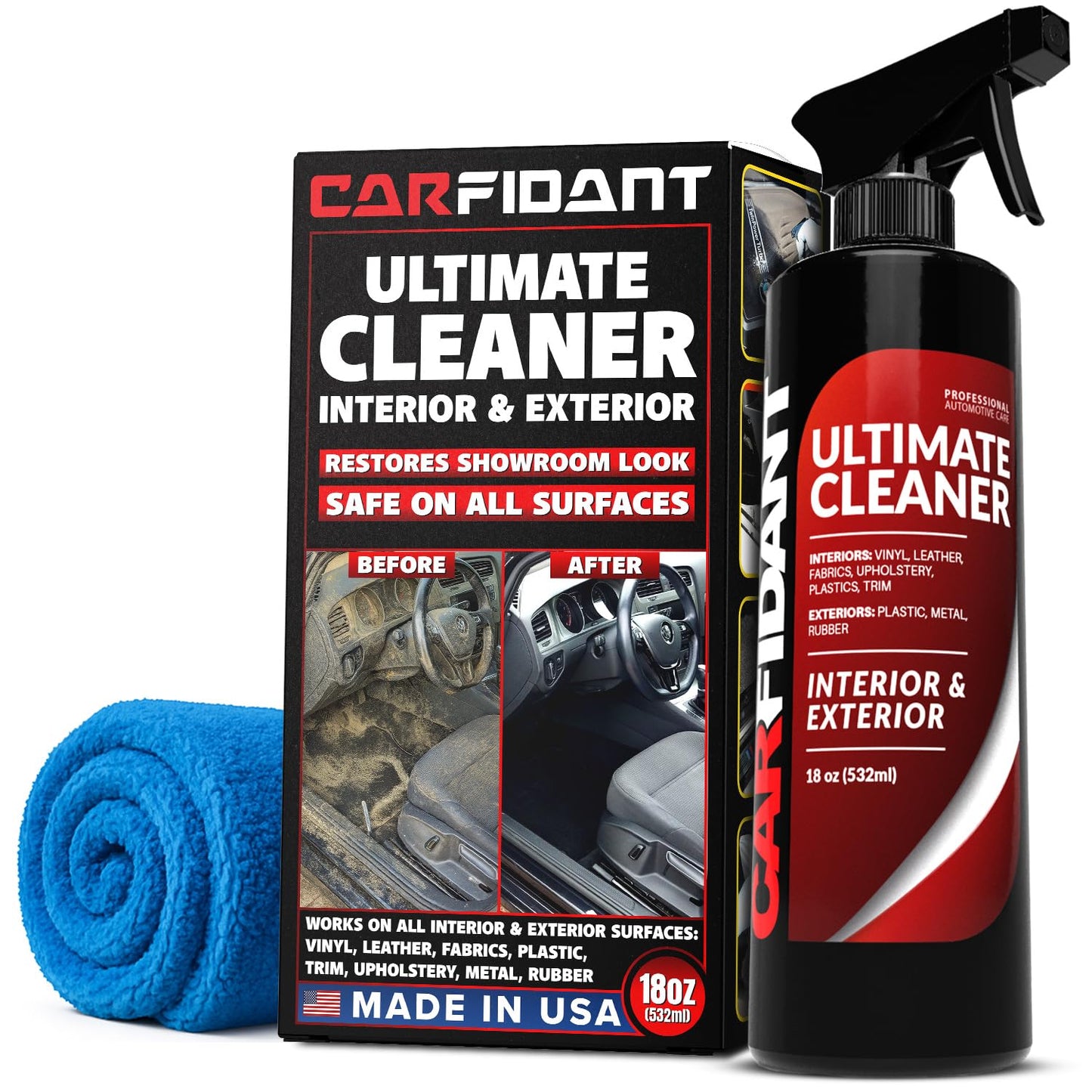 Carfidant Interior Car Cleaner - Removes Stains & Deep Cleans Car Seats, Leather, Fabric, Upholstery, Plastic, Dashboard & More - Car Cleaning Kit & Interior Detailer Spray - 18oz