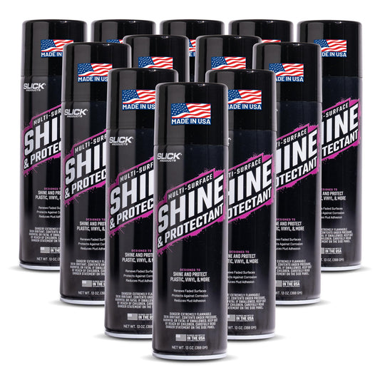 Slick Products Shine & Protectant, Long-Lasting High-Gloss Clear Coat Spray, Renew, Shine, and Protect Plastic, Vinyl, Rubber, Trim, and More (12-Pack)
