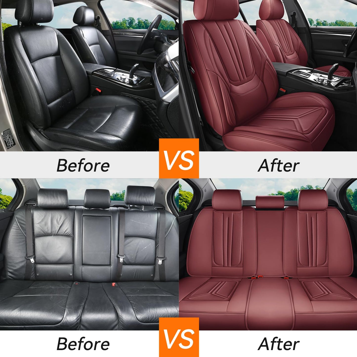 SCDOOCA Car Seat Covers Full Set Burgundy, Luxury Leather Car Seat Covers, Waterproof and Breathable Seat Covers, Universal Car Seat Protector Fit for Cars, Trucks, SUVs, Pick-ups (Wine Red, FullSet)