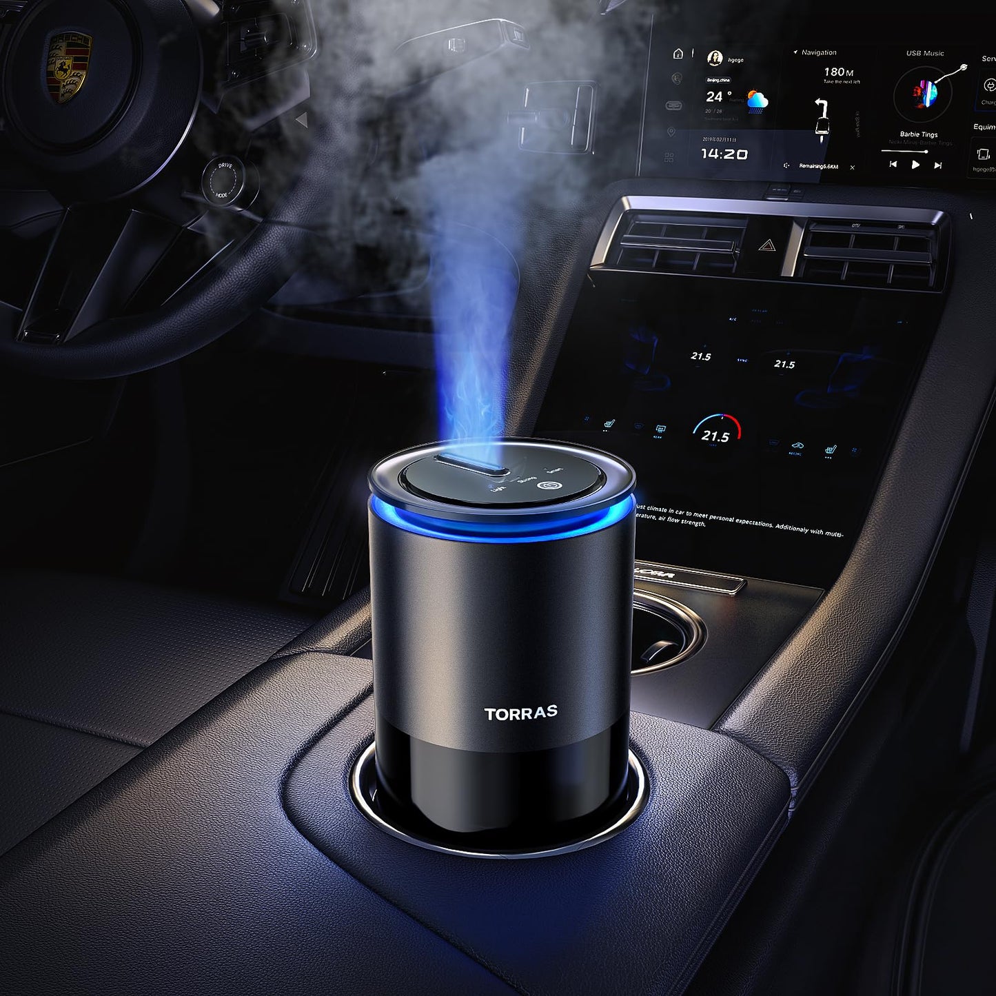 TORRAS Smart Car Air Freshener, Ultrasonic Mist, Blue Light Enhanced Fountain Nozzle, Automatic On/Off, Adjustable Fragrance, Rechargeable Battery, Ambient Light, Premium Cologne Scent