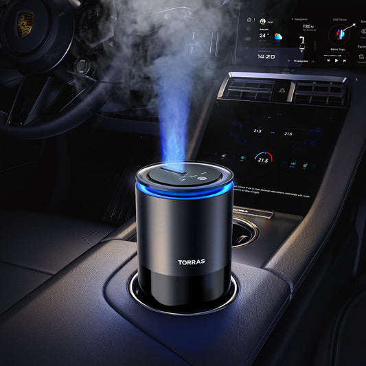 TORRAS Smart Car Air Freshener, Ultrasonic Mist, Blue Light Enhanced Fountain Nozzle, Automatic On/Off, Adjustable Fragrance, Rechargeable Battery, Ambient Light, Premium Cologne Scent