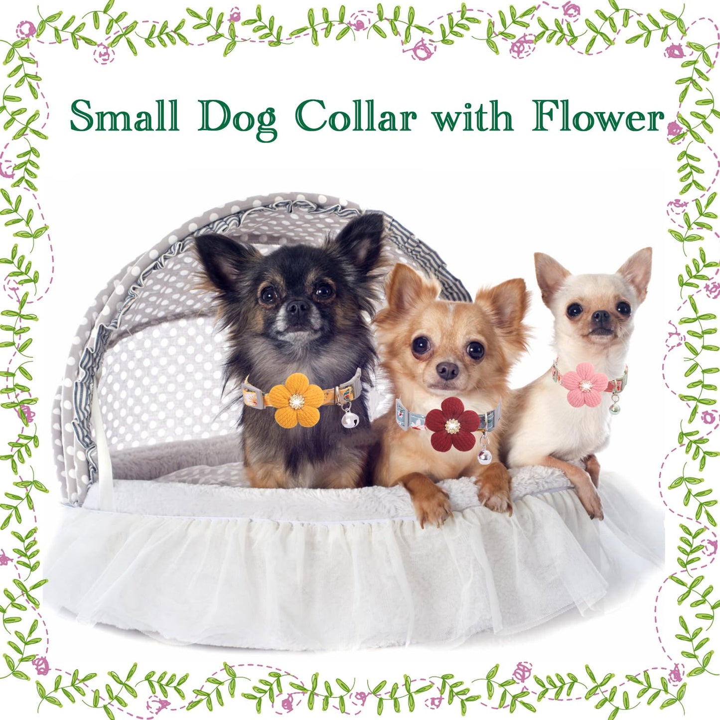 Small Dog Collar with Flower, Puppy Collar for Girl Dog Collars for Small Dogs Cute Dog Collar with Bell, Adjustable Length