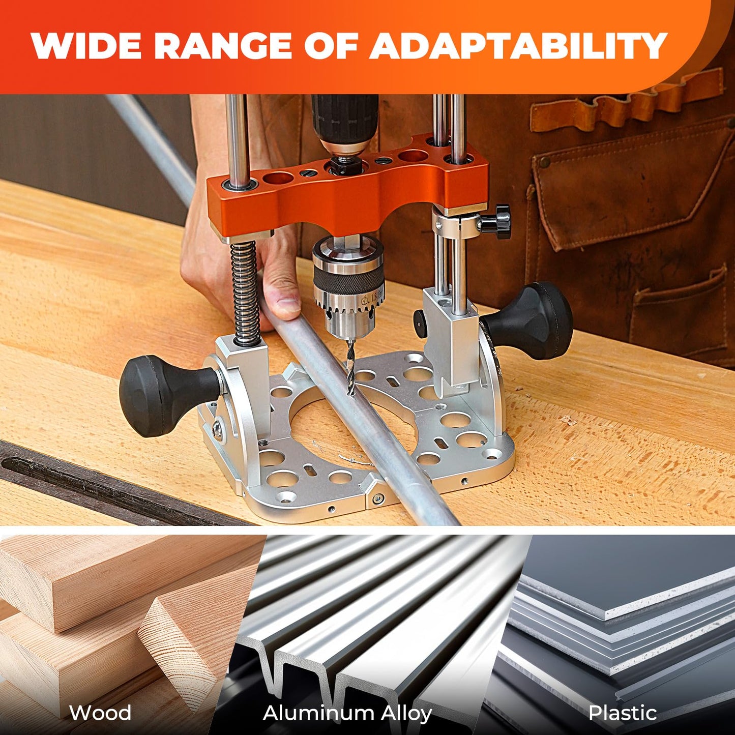 SpeTool Portable Drill Guide with Liner Ball Bearings Guide Poles, 1/2” Chuck Drill Press Adapter for Hand Drill Adjustable from 0-60°, Multi Angle Drill Guide for Straight Holes Woodworking