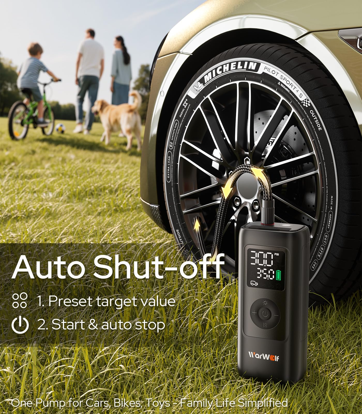 WARWOLF 160PSI Tire Inflator Portable Air Compressor - Fast Air Pump for Car Tires: SUV, Light Truck, Motorcycle, Bike, with Auto Shut-Off, Digital Gauge, 12V Car Adapter, LED Light