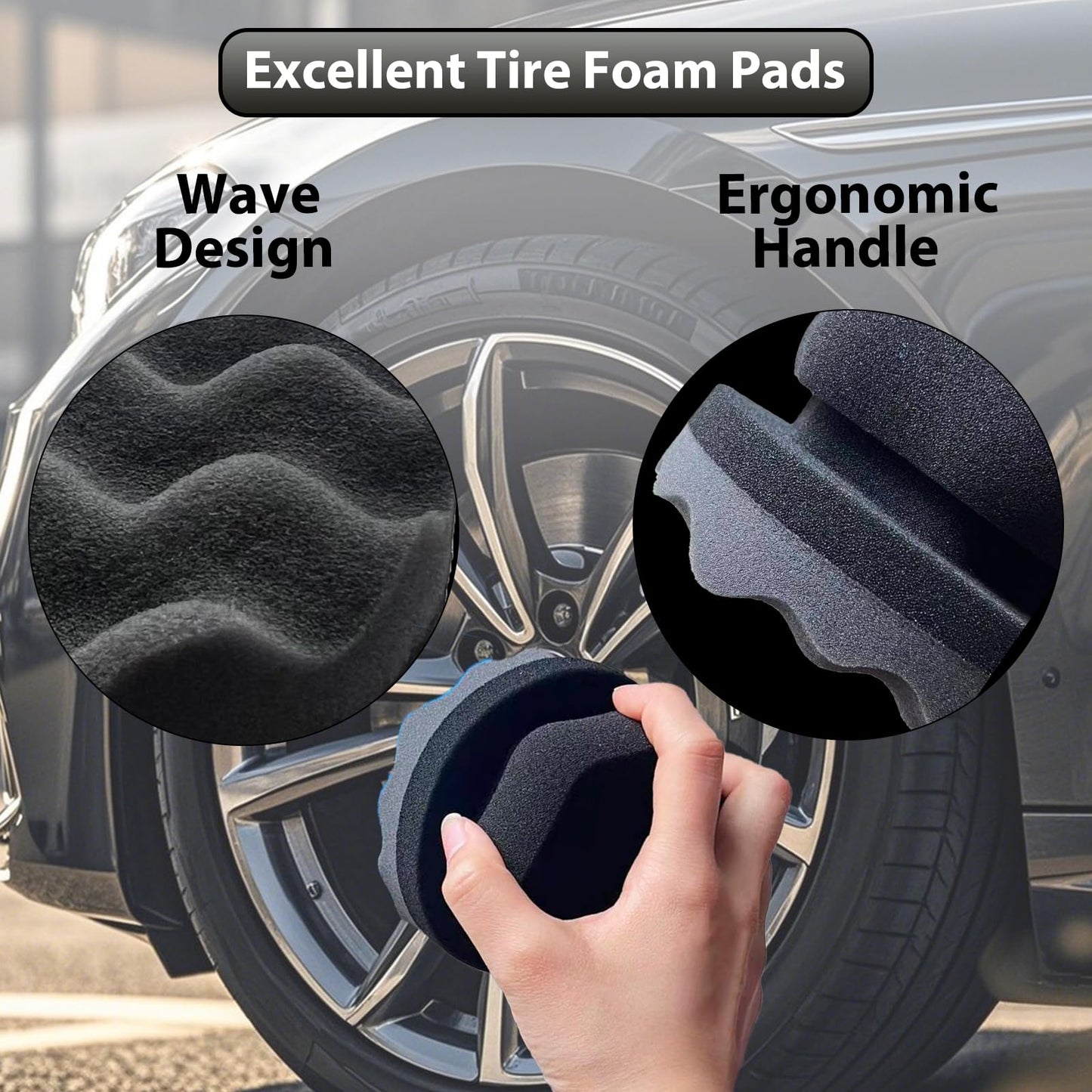 2 Pcs Large Tire Shine Applicator, Reusable Tire Dressing Applicator Wave Contoured, Tire Sponge Pads for Car Detailing Cleaning, 4.33 inch