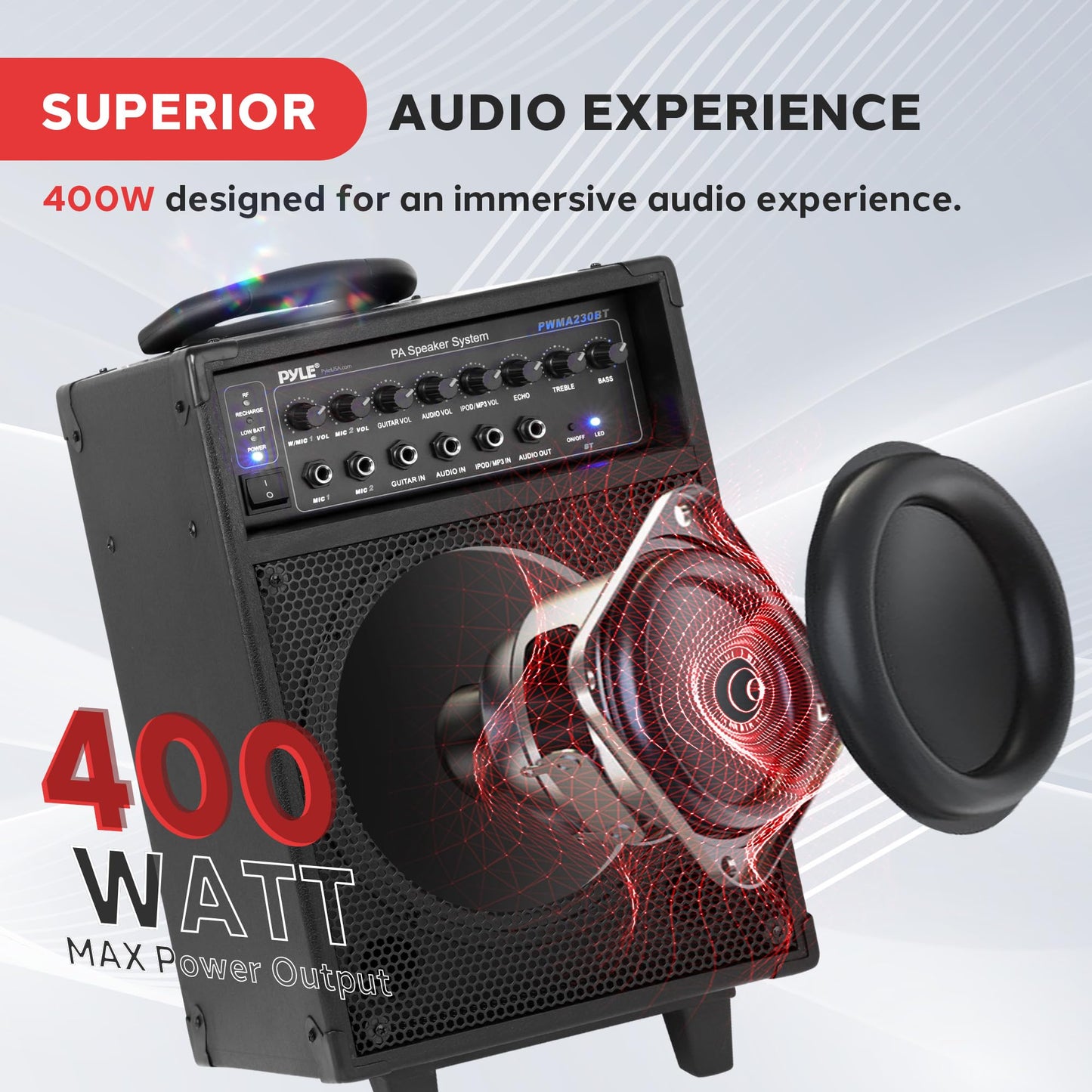 Pyle Wireless Portable PA System-400W Bluetooth Compatible Rechargeable Battery Powered Outdoor Sound Stereo Speaker Microphone Set w/Handle, Wheels-1/4 to AUX, RCA Cable (PWMA230BT)