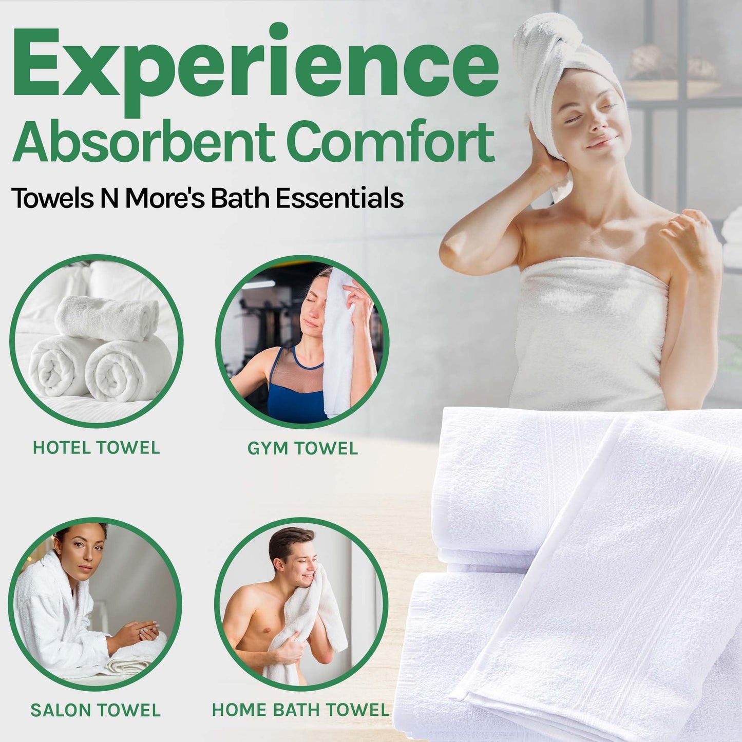 Towels N More 24x48 White Bath Towels - 60 Pack Premium Cotton, Lightweight Soft for Adults, Absorbent Set Ideal for Bathroom, Home, Spa, Hotels/Motels, & Gym Use