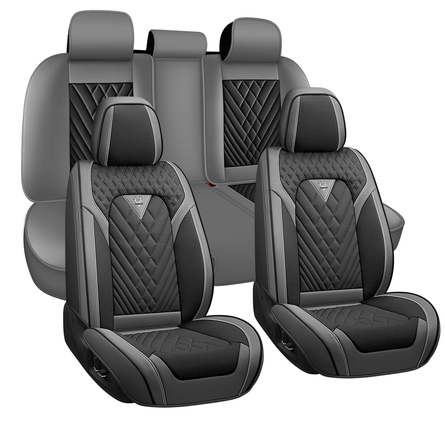 BYXN Leather Seat Covers Full Set,5 Seats Universal Car Seat Protectors,Easy to Install Cover Set,Waterproof Car Seat Covers Car Seat Cushions Fit for Most Cars SUVs and Trucks(5 Seats,Gray-Black)