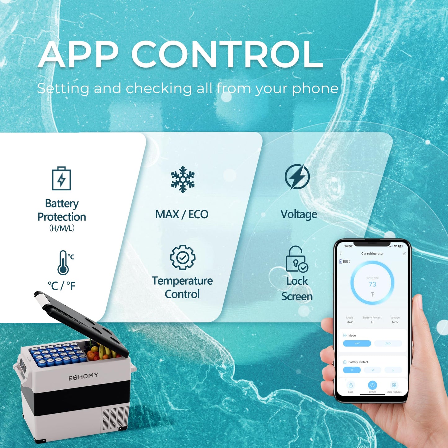 EUHOMY 12 Volt Refrigerator, 59QT(55L) Electric Cooler, 12V Fridge APP Control, 12V Cooler -4℉~68℉, Portable Freezer 12/24V DC 100-240V AC for Camping, Travel, Truck, Home