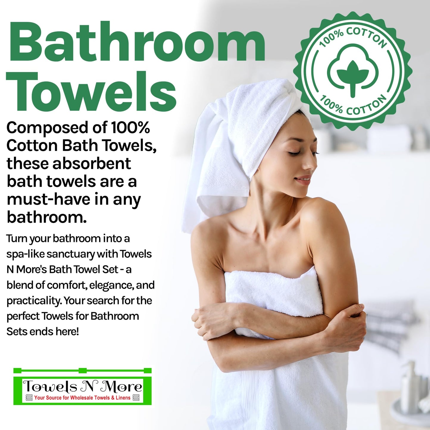 Towels N More 24x48 White Bath Towels - 60 Pack Premium Cotton, Lightweight Soft for Adults, Absorbent Set Ideal for Bathroom, Home, Spa, Hotels/Motels, & Gym Use