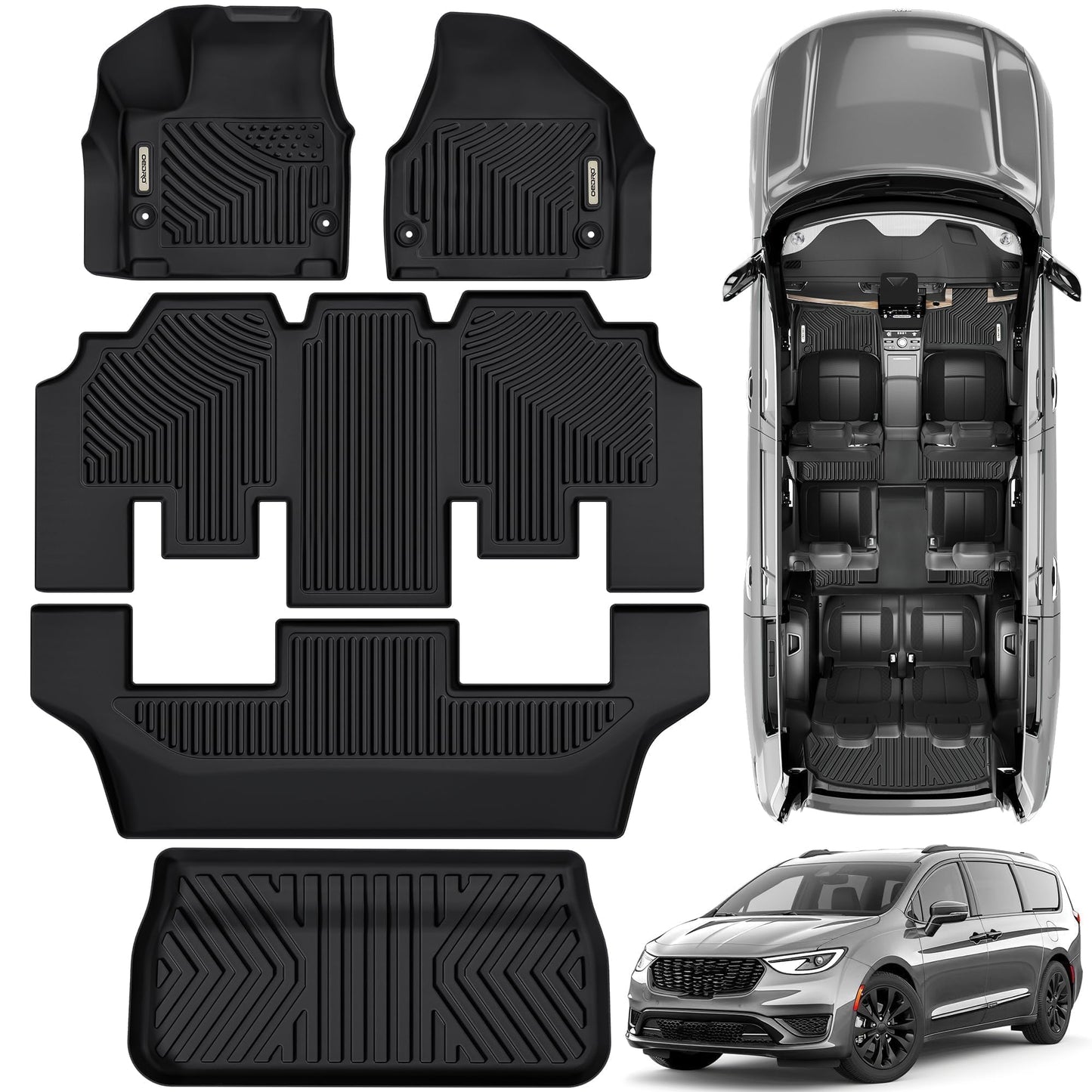 OEDRO Floor Mats & Cargo Mat Fit for Chrysler Pacifica 2017-2025 (No Hybrid Models), Fit 7 and 8 Passenger Model, Fit 2020-2025 Voyager Custom All-Weather Protection Full Set TPE Floor Liners