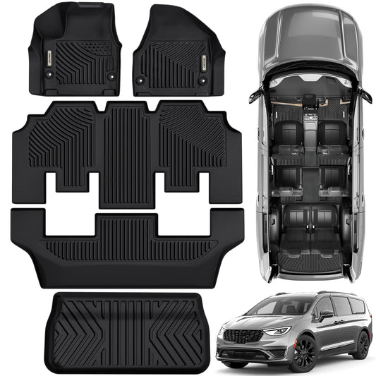 OEDRO Floor Mats & Cargo Mat Fit for Chrysler Pacifica 2017-2025 (No Hybrid Models), Fit 7 and 8 Passenger Model, Fit 2020-2025 Voyager Custom All-Weather Protection Full Set TPE Floor Liners
