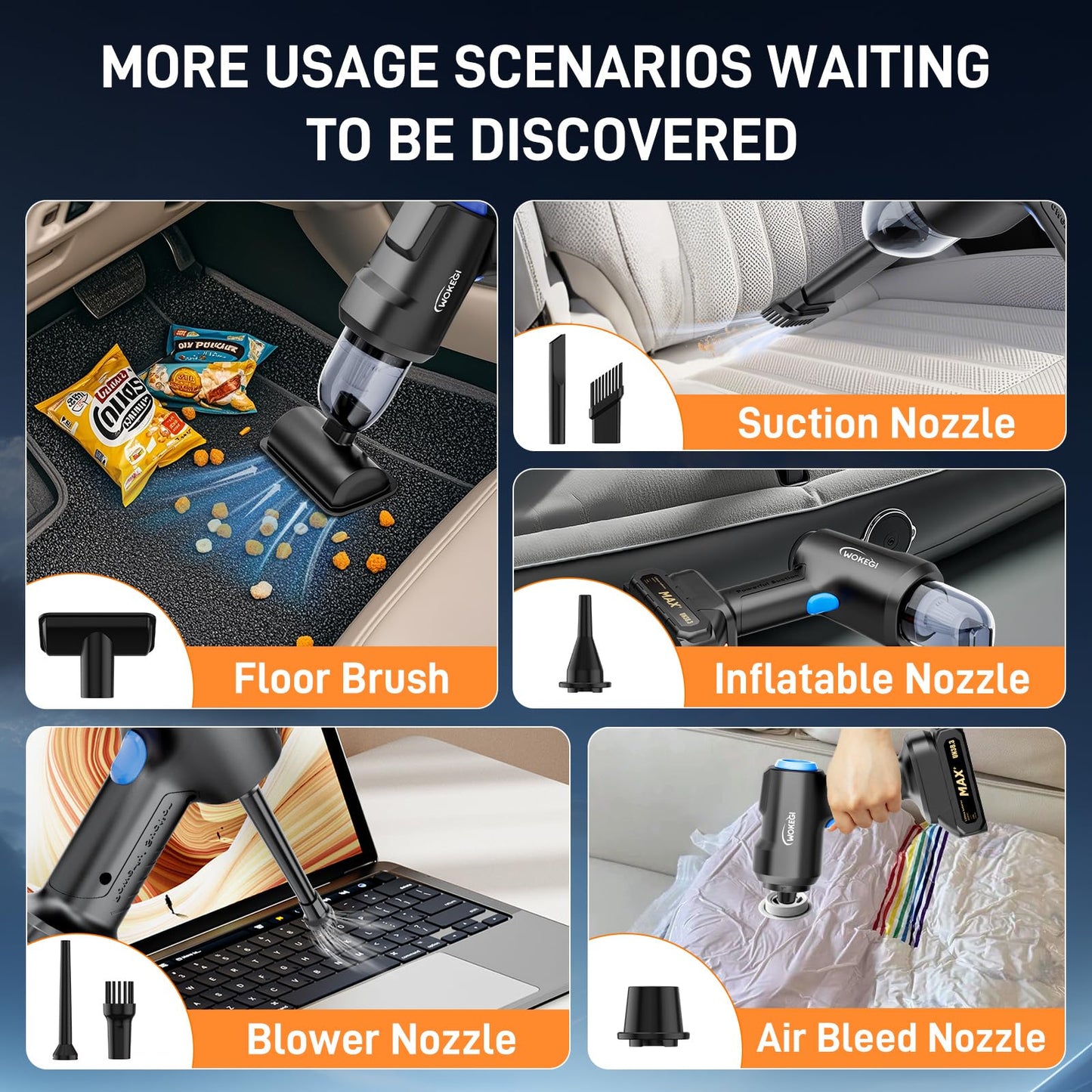 WOKEGI 22000PA High Power Cordless Car Vacuum,4 in 1 Handheld Vacuum Cleaner Wireless,Car Vacuum Cleaner with 180W brushless Motor,Fast Charging Vacuum Cleaning for Car,Home,Office,Pet