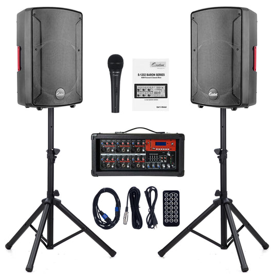 EXOTON EXOTON S-1202 12inch 2000W Bluetooth PA System with Powered Mixer Set, Passive Speakers with 6 Channel Mixer/Stands/Mic/Effect Controller/ 48V Phantom Power,for Indoor&Outdoor
