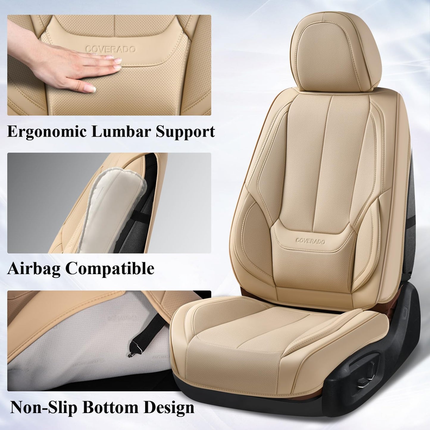 Coverado Front Seat Covers, 2 Pieces Universal Seat Covers for Cars, Waterproof Nappa Leather Sideless Auto Seat Protectors, Car Seat Cushions Universal Fit for Most Sedans SUV Pick-up Truck Beige