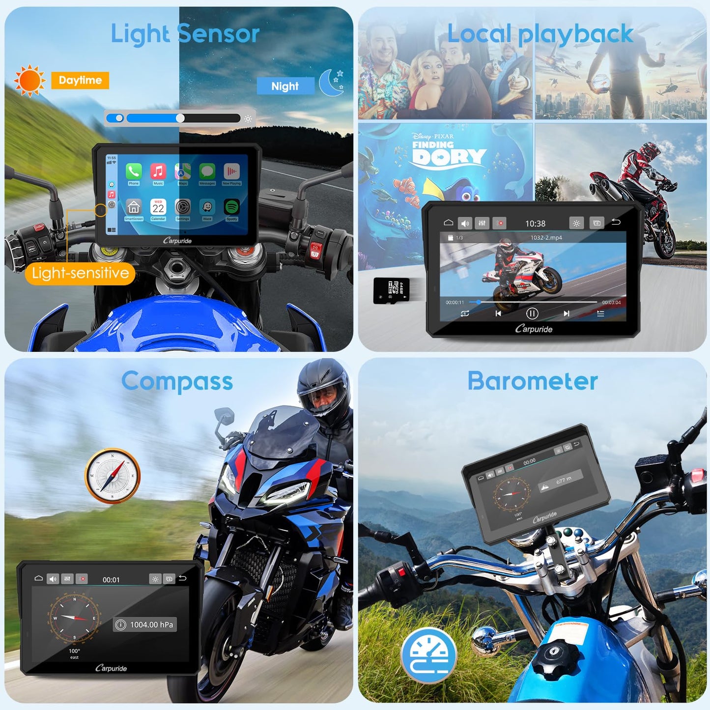 Carpuride W702PRO for Motorcycle CarPlay& Android Auto& Dual Bluetooth - 7" Waterproof GPS Navigation Screen for Motorbike, Music Sharing, Intercom, EQ, Light Sensor, Compass, Barometer