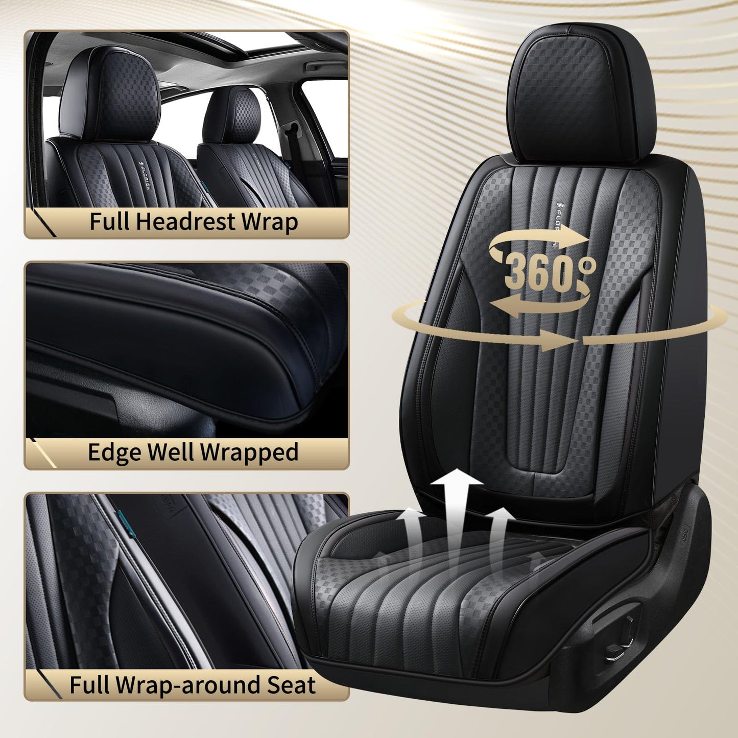 FLORICH Car Seat Covers, Premium Leatherette Car Seat Cushions Full Set, Black Seat Covers for Cars Front Seats and Back, Automotive Seat Protectors Universal Fit for Most Sedans Cars SUV Trucks