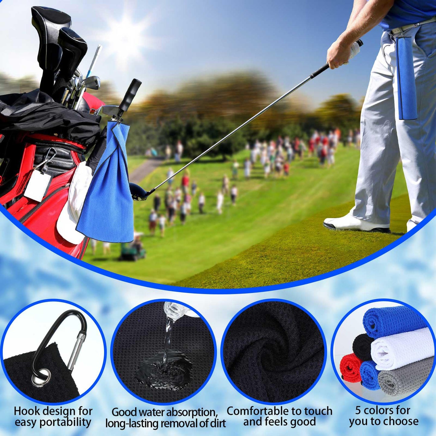 Batiyeer Golf Towels Bulk for Bags 16'' x 24'' Microfiber Waffle Pattern Golf Towels Trifold with Clip for Tournament, Hiking, Yoga(Classic Color,100 Pcs)