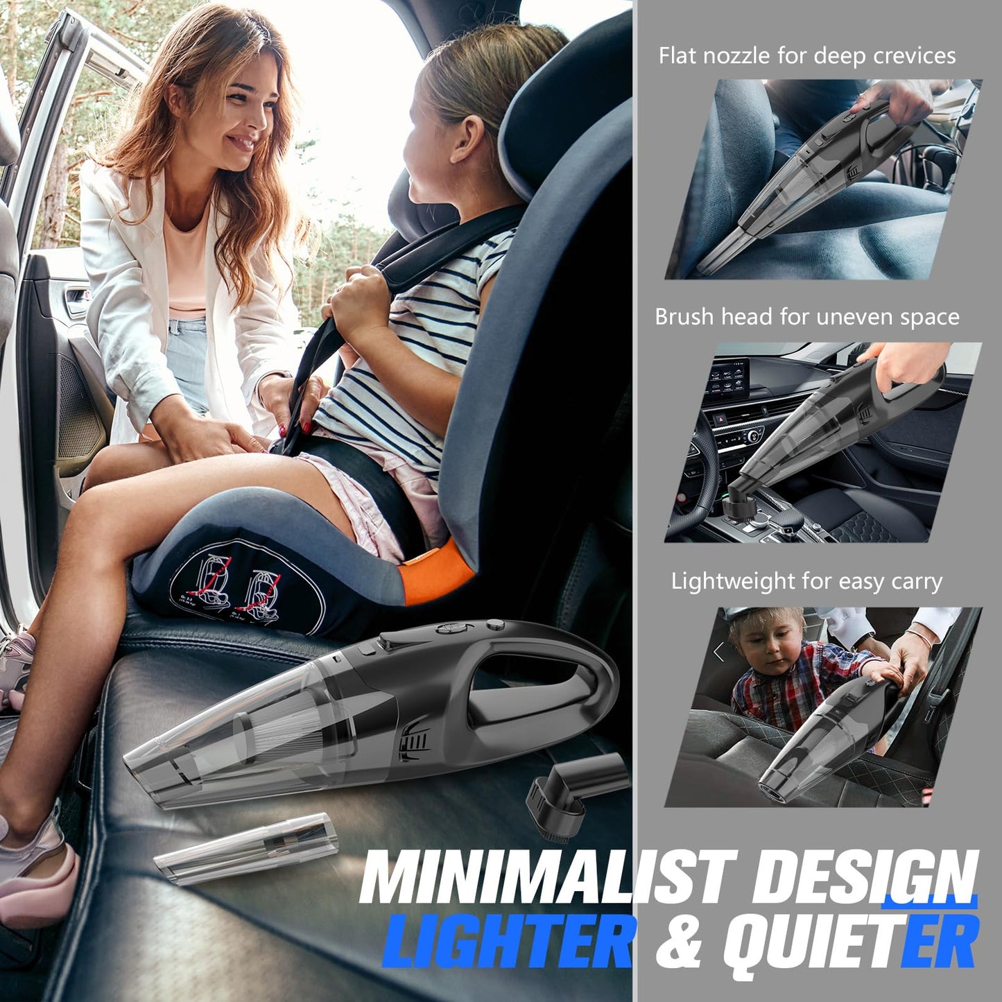 BSRCO Handheld Vacuum Cordless Rechargeable, Car Vacuum Cleaner with LED, USB Charge, 1.65LBs Hand Vacuum Cordless, for Car/Home/Pet