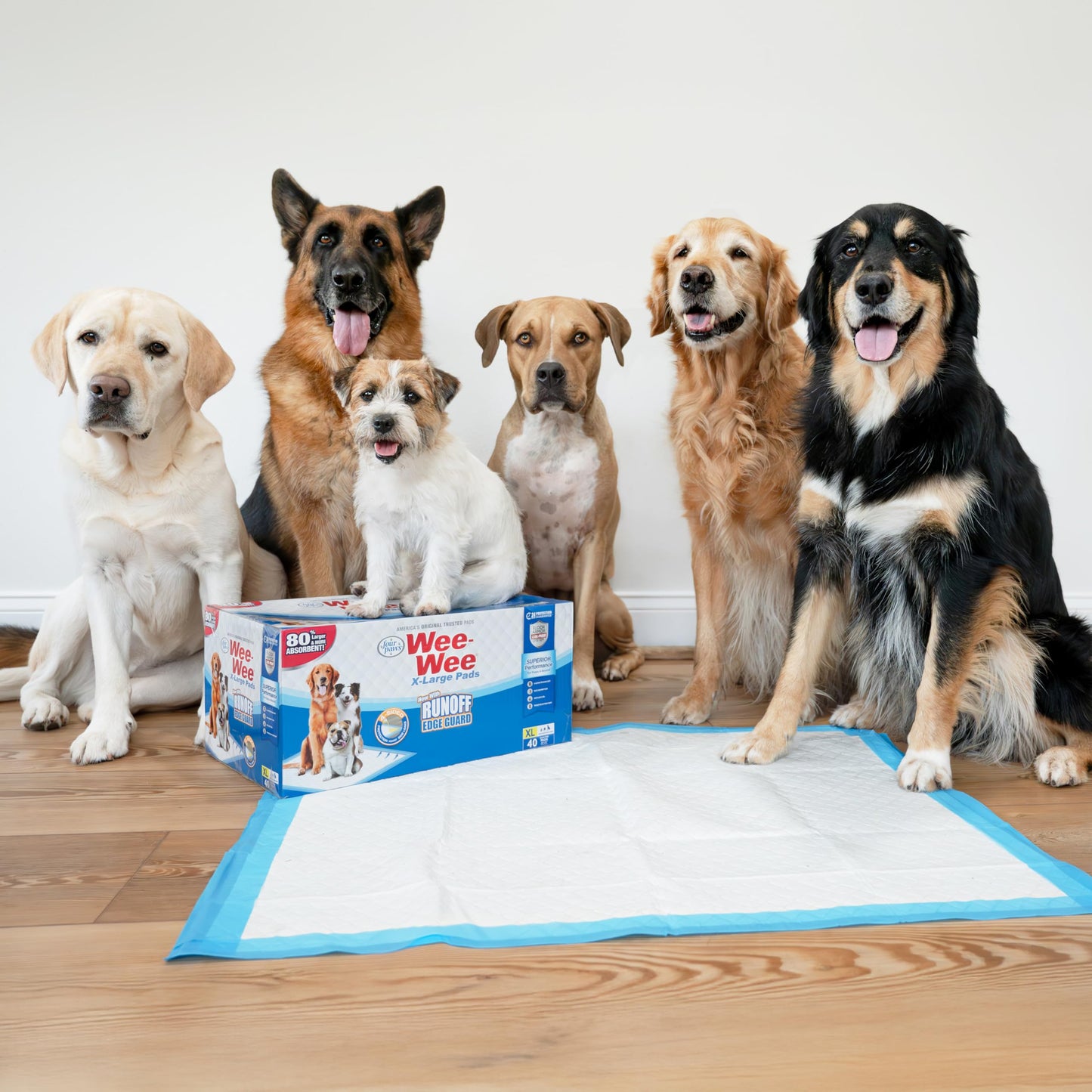 Four Paws Wee-Wee Superior Performance Pee Pads for Dogs with Runoff Barrier Edge Guard Protection, Puppy & Dog Potty Training Pads, Housebreaking Supplies, 27.5" x 44" (18 Count)