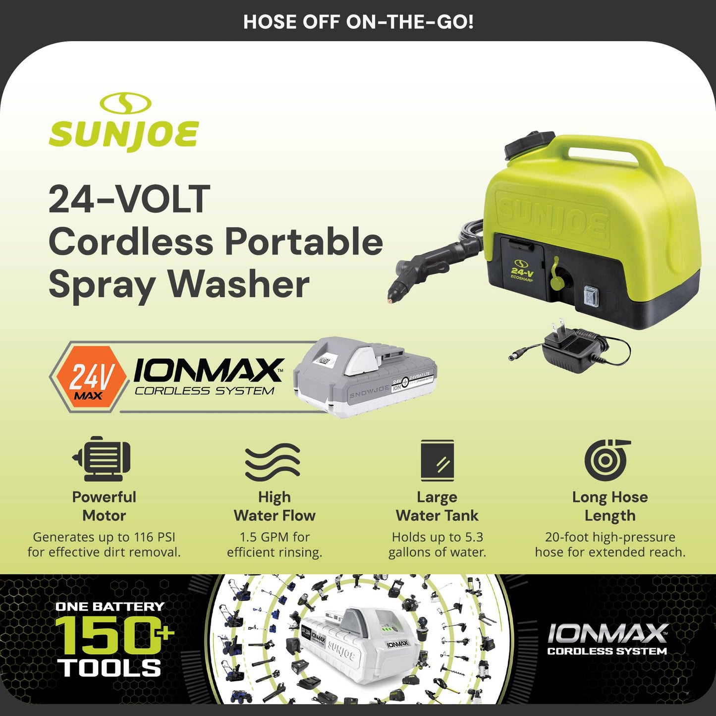 Sun Joe Cordless Portable Spray & Pressure Washer w/ Battery & Charger, 24V WA24C-LTE