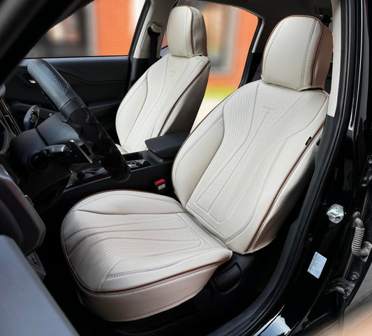 PINCTROT Car Seat Covers Front Set, Breathable Soft Pebbled Leather, Luxury Waterproof Seat Cushion, Airbag Compatible, Seat Protector Universal Fit Most Cars (Front Set, Beige Brown Piping)