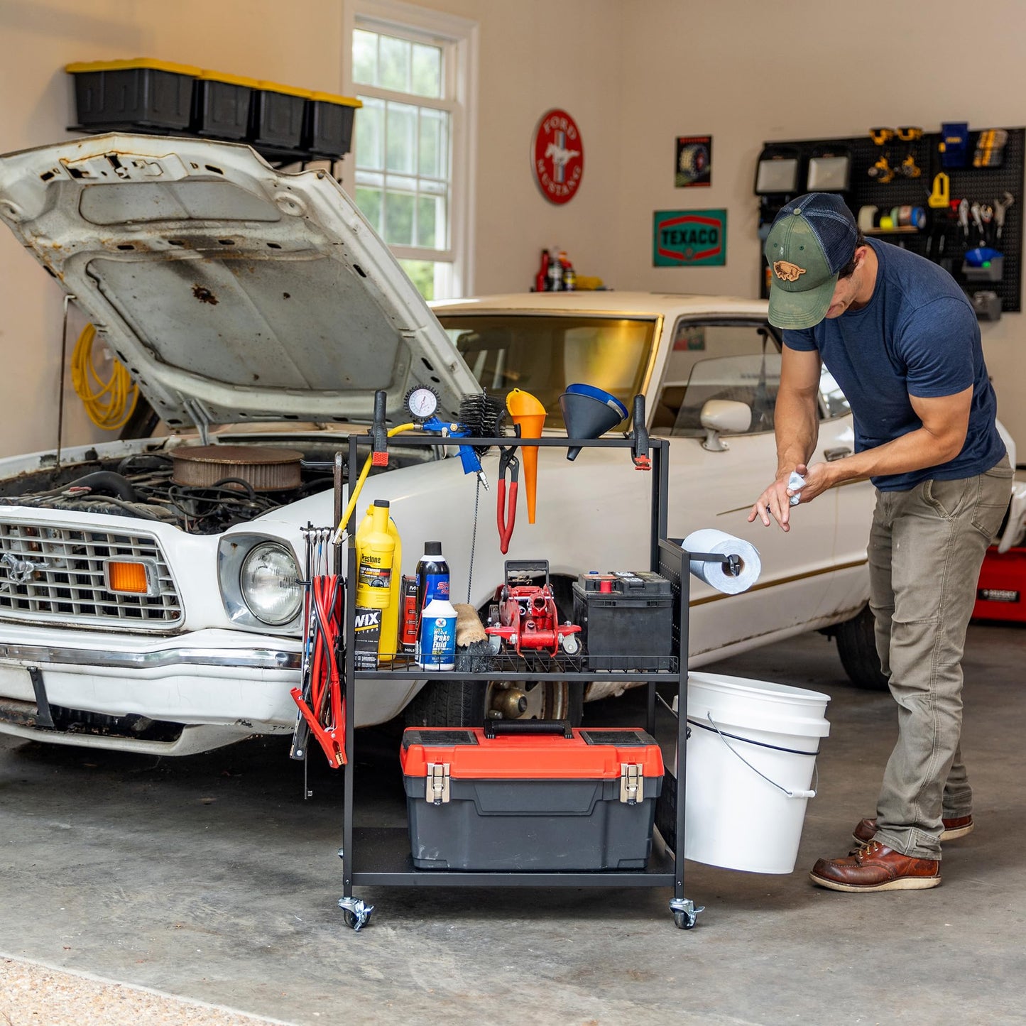 Large Cleaning Caddy with Wheels, 3 Tiered Rolling Cart Auto Detailing Cart, Car Truck SUV Boat RV, Rolling Cleaning Caddy Polisher Holder, 37 in x 17 in x 26 in, Solid Steel Holds 250 lbs