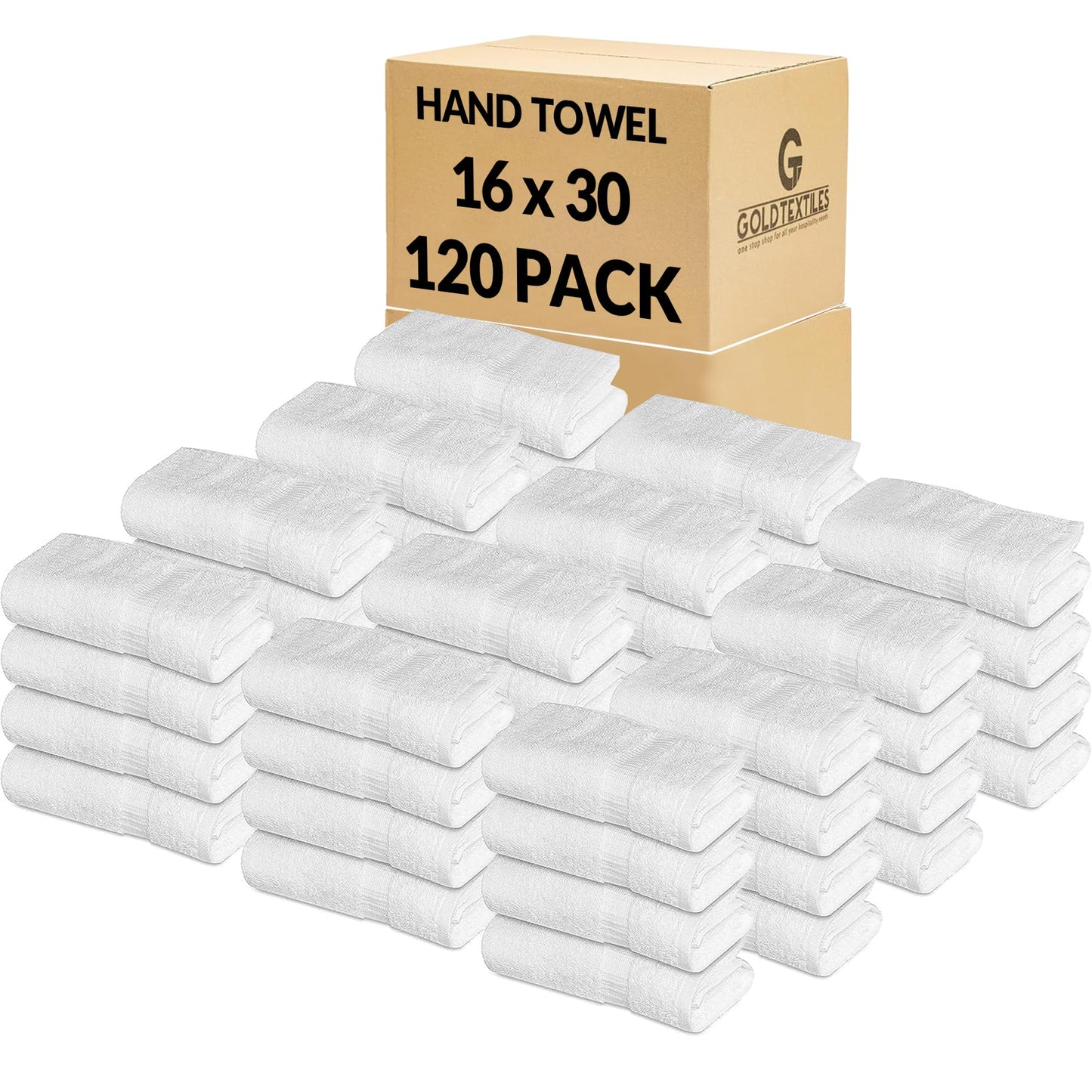 GOLD TEXTILES 120 Pack Premium White Hand Towels 16x30 Inch - 100% Ring Spun Cotton Soft Absorbent & Quick Dry, Large Bathroom Hand Towel Perfect for Hotel, Salon,Gym & Spa (16 x 30, White - 120 Pcs)