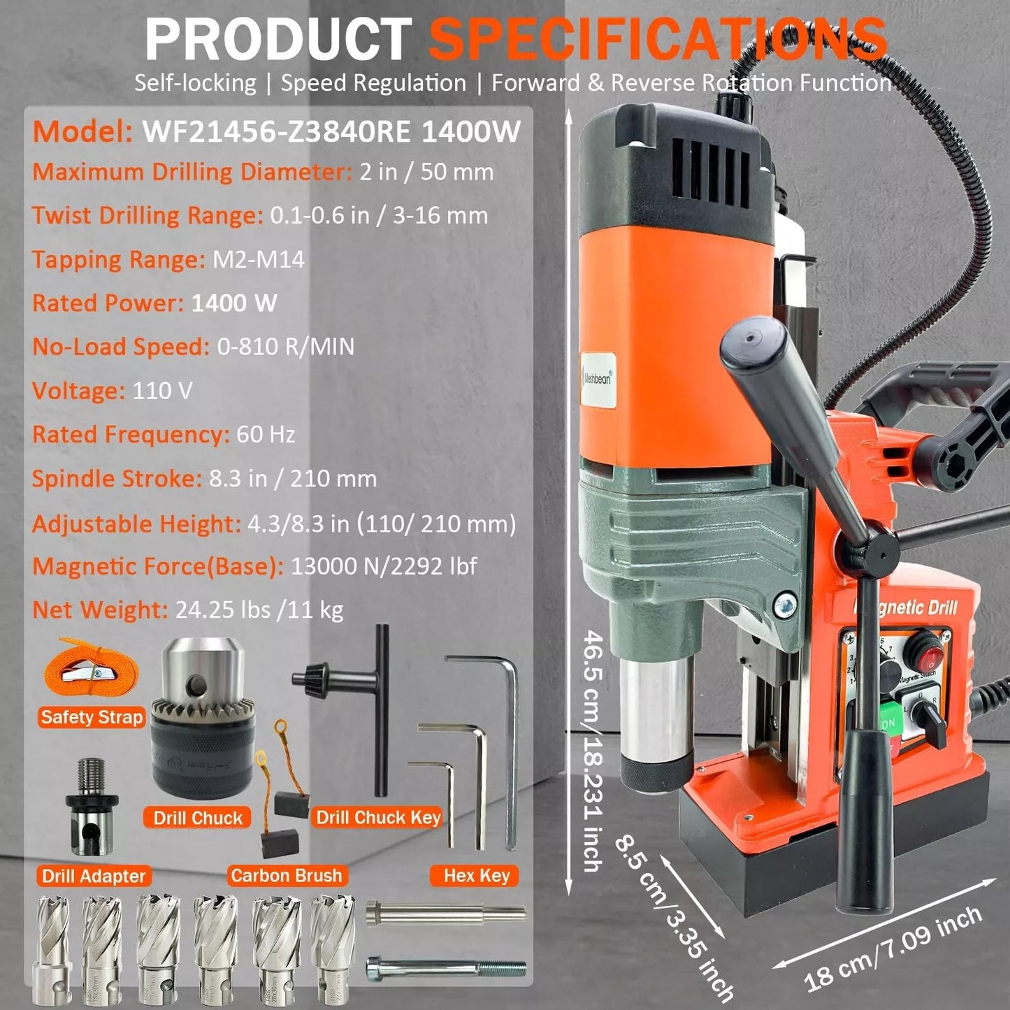 Magnetic Drill Press, 1400W Mag Drill Press with 2" Dia. 2922lbf/13000N Mag Force, 810 RPM Electric Drilling Machine with Stepless Speed & Reversible Direction for Metal Surface & Home Improvement