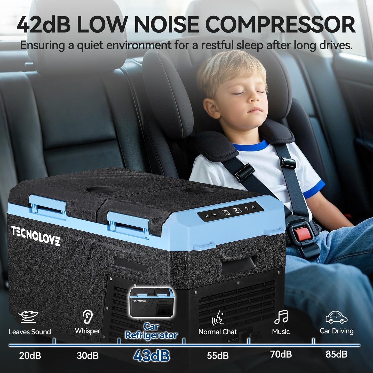 Tecnolove 25L Car Refrigerator Freezer, 27QT Dual Zone Portable Compressor Cooler with Reversible Door, 100–240V AC / 12V / 24V DC Powered, Touchscreen Control, LED Light, -4℉ to 68℉, Ice Blue