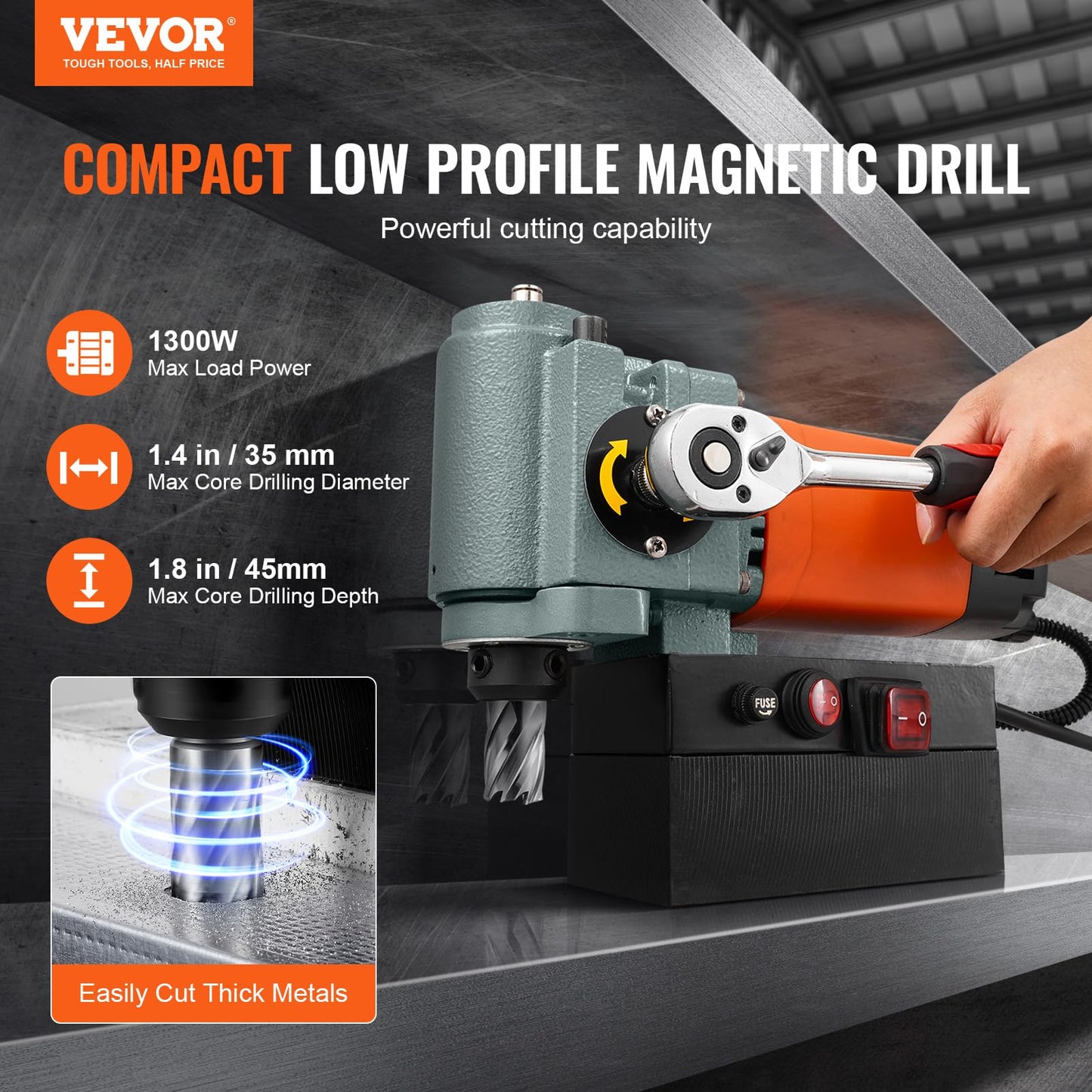 VEVOR Low Profile Magnetic Drill Press, 1300W Mag Drill, Light Weight Portable Mag Drilling Machine with Cooling Device and Overload Protection, Mag Press for Equipment Installation, Industrial