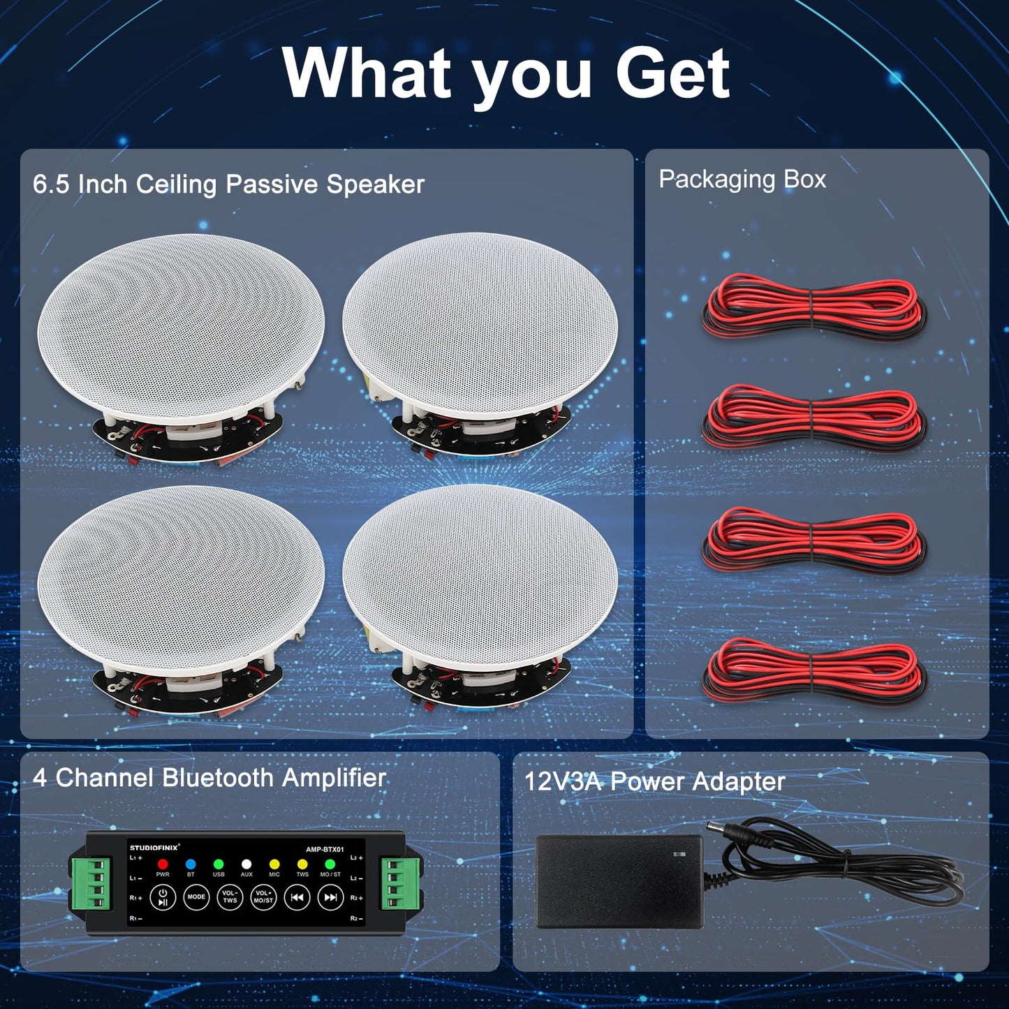 STUDIOFINIX 6.5 Inch Bluetooth Ceiling Speakers,600W Wired Recessed Speaker System, Ideal for Home Theater, Living Room,Office,Kichten,Study Room,Basement,Covered Patio and Flush Mount (4 Speakers)