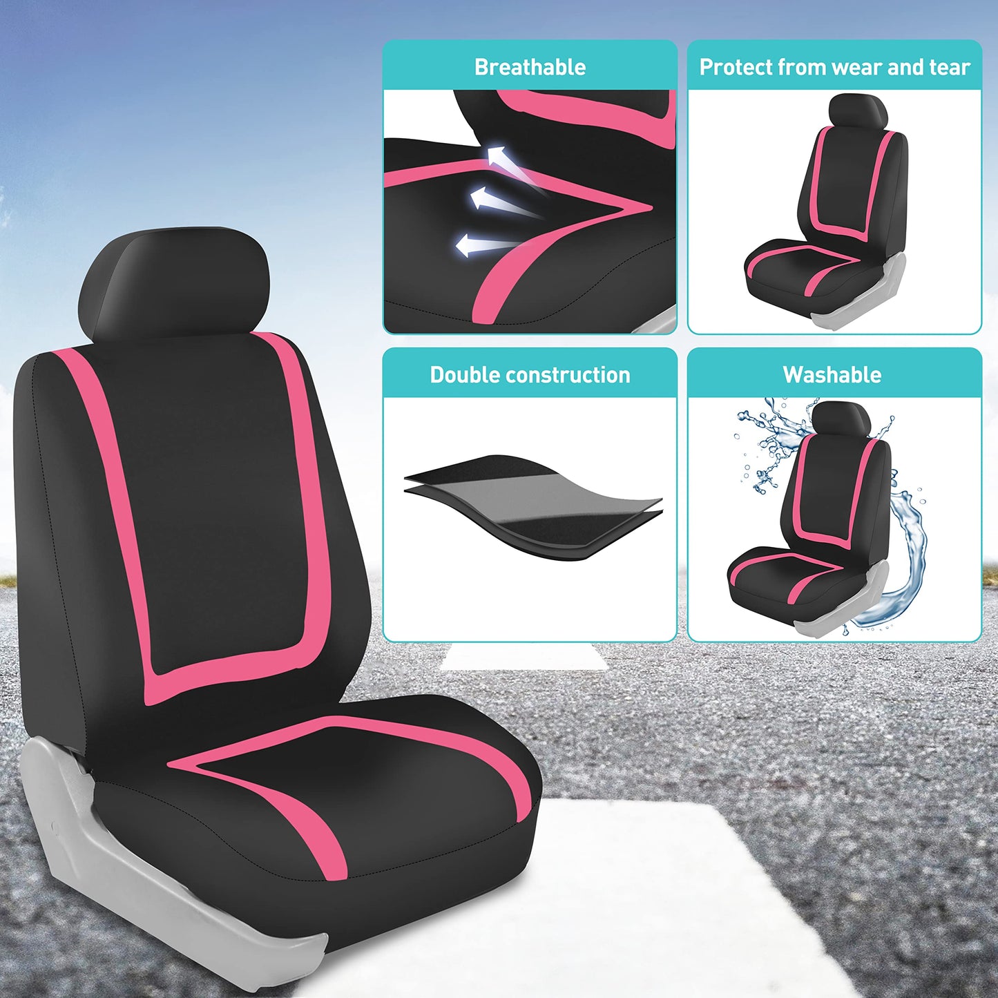FH Group Car Seat Covers Full Set Cloth - Universal Fit Washable Automotive Seat Covers, Low Back Front Seat Covers, Solid Back Seat Cover for SUV, Sedan and Van Pink