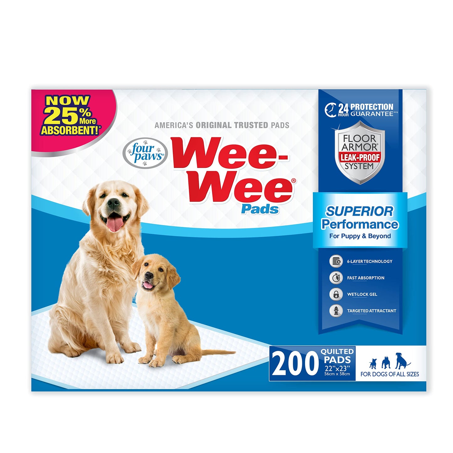 Four Paws Wee-Wee Superior Performance Unscented Pee Pads for Dogs & Puppies, Quilted Leak-Proof Dog Housebreaking Potty Training Floor Protection, 22" x 23", 200 Count
