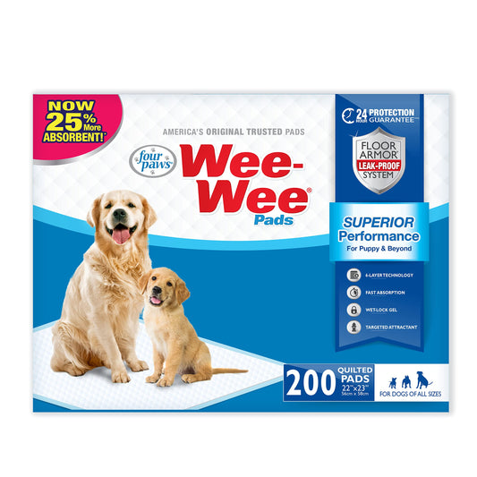 Four Paws Wee-Wee Superior Performance Unscented Pee Pads for Dogs & Puppies, Quilted Leak-Proof Dog Housebreaking Potty Training Floor Protection, 22" x 23", 200 Count