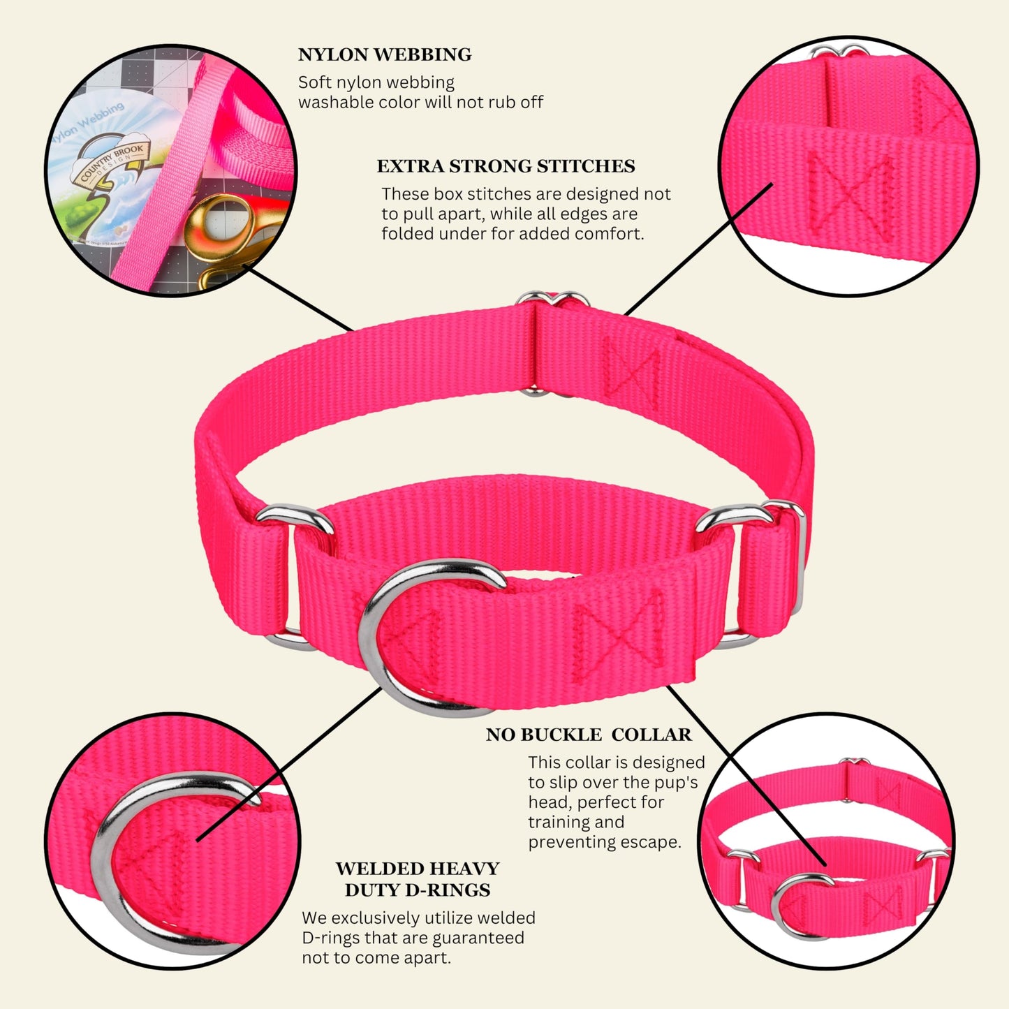 Country Brook Petz Martingale Dog Collar - Heavy-Duty Training Collar with No Buckle - Service Dog Collar for All Pups - Vibrant, Colorful Collection (Hot Pink, 1 Inch, Medium)