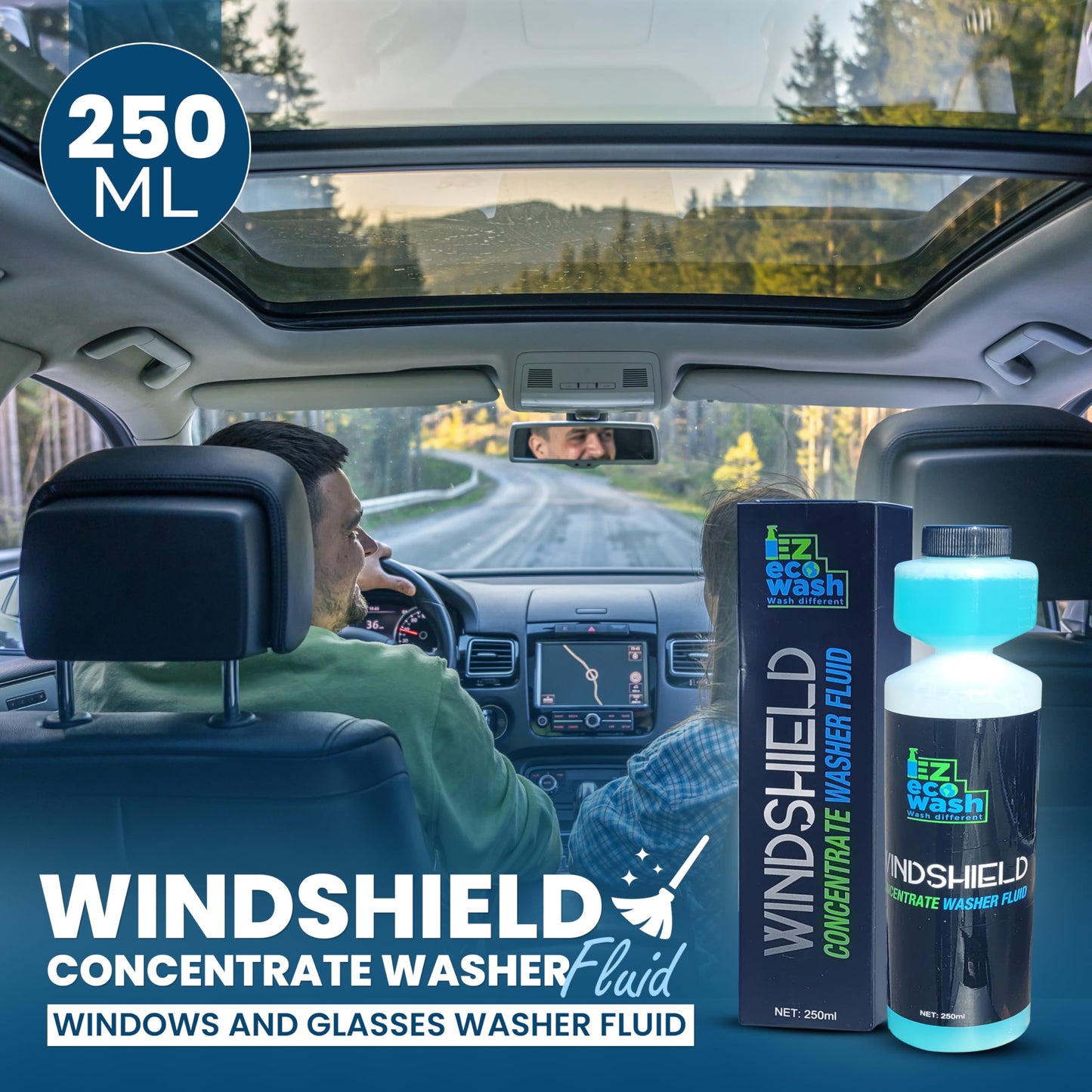 EZ eco wash Windshield washer fluid concentrate - 1:200 High-strength formula (250ml) with built-in pump - Removes dirt, bugs, and oil - safe for all surfaces, Ammonia-free