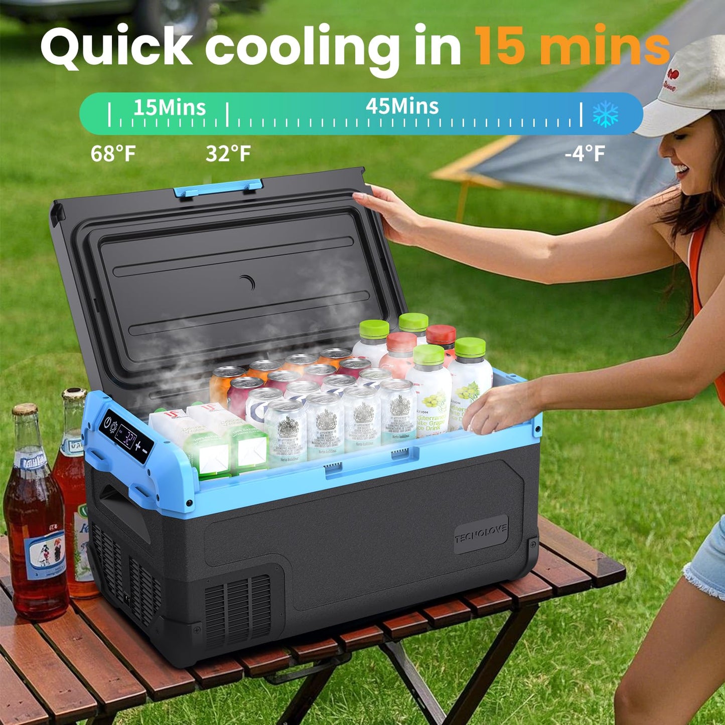 Tecnolove 20L Car Refrigerator Freezer, 21QT Single Zone Portable Fridge with Blow Expansion Evaporator, Reversible Door, LED Control, Fast Cooling, 100–240V AC / 12V / 24V DC, -4℉~68℉, Ice Blue