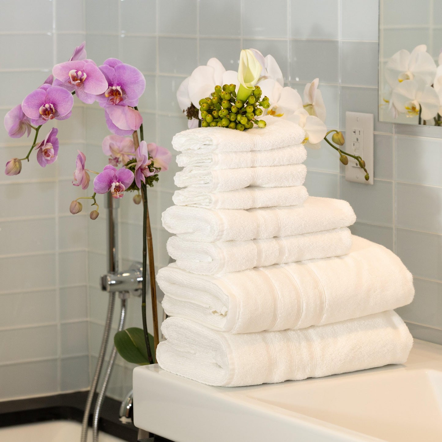 Mosobam Luxury Turkish 12pc Towel Set 30X58 16X30 13X13 White Oversize 700 GSM Bamboo Viscose & Aegean Turkish Combed Cotton