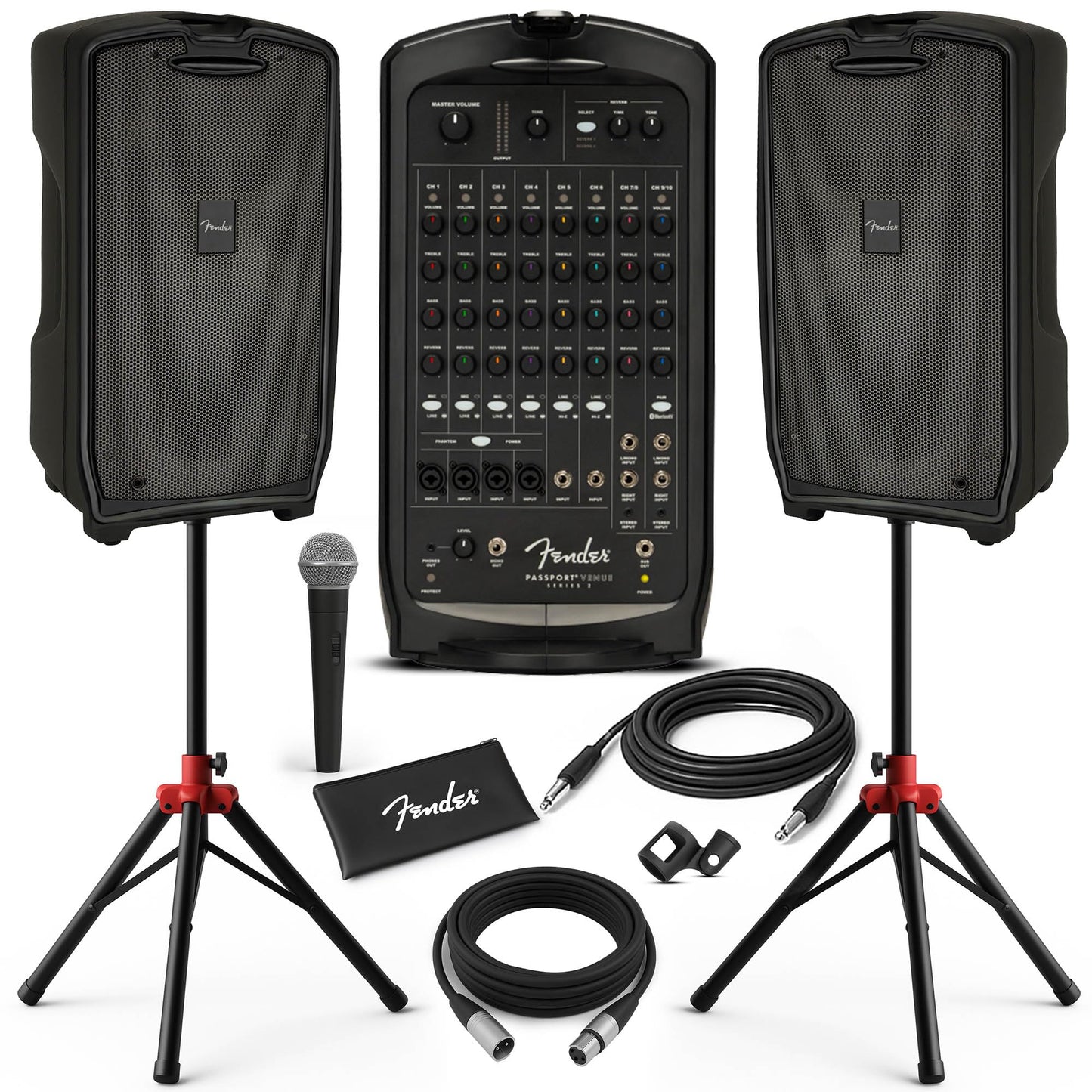 Fender Passport Venue S2 Portable PA System Bundle with Compact Speaker Stands, Microphone, Mic Stand Clip, XLR Cable, and Instrument Cable