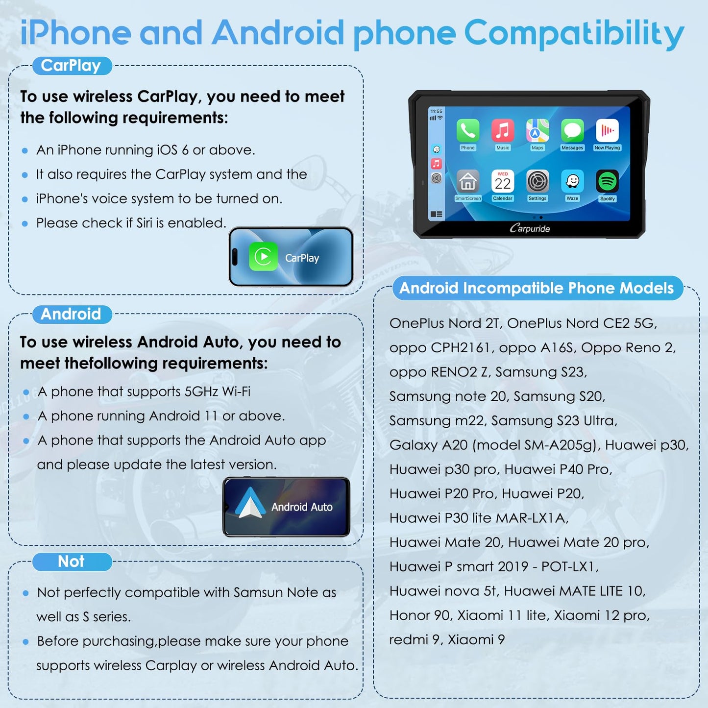 Carpuride W702PRO for Motorcycle CarPlay& Android Auto& Dual Bluetooth - 7" Waterproof GPS Navigation Screen for Motorbike, Music Sharing, Intercom, EQ, Light Sensor, Compass, Barometer