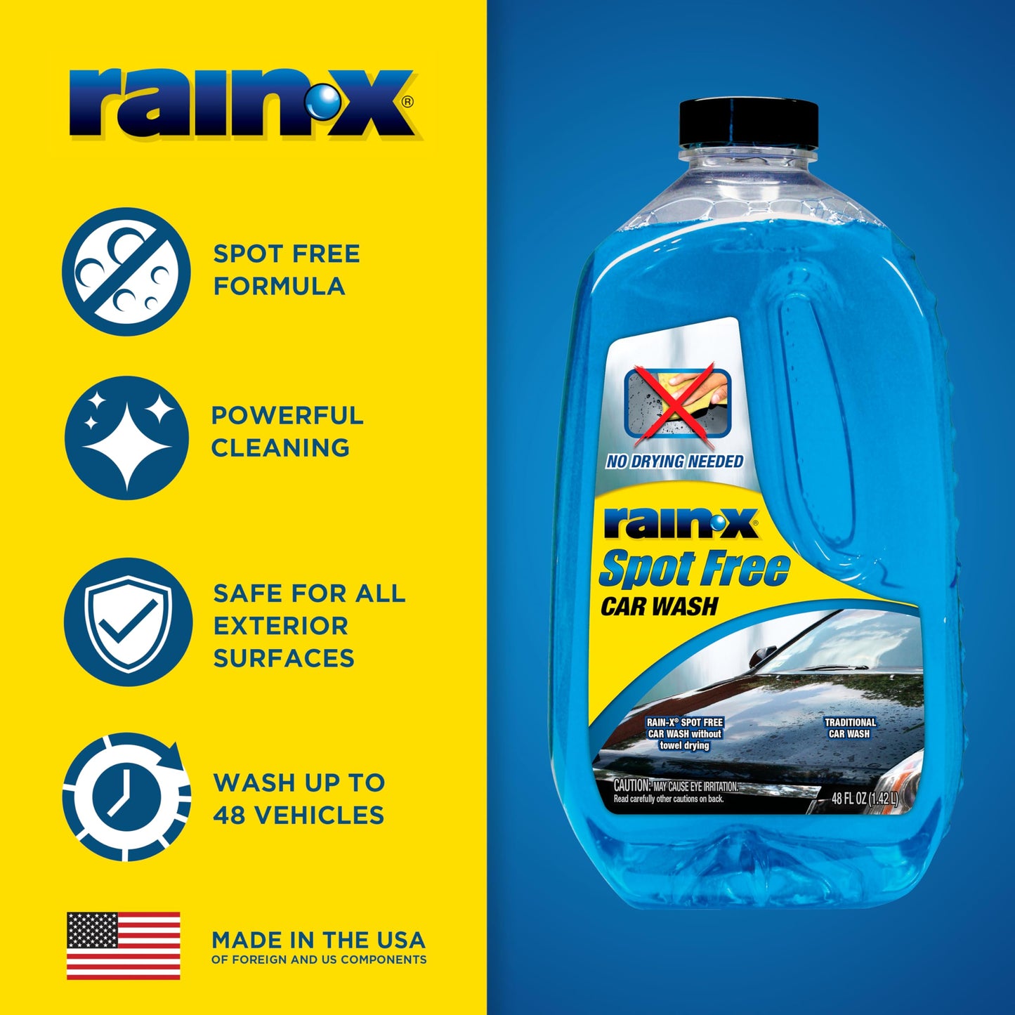 Rain-X 620073 - Car Wash Deep Cleaning, High Foam Soap Provides Spot Free Shine with No Towel Or Hand Drying Needed - Car soap for car cleaning and detailing 48 fl oz